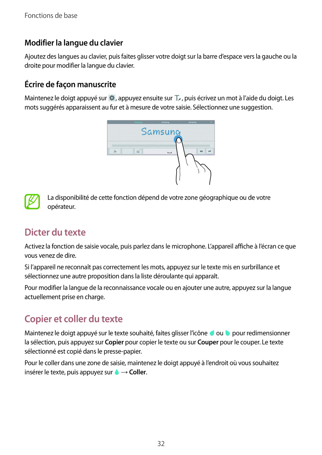 Samsung SM-T530NYKAXEF, SM-T530NZWEXEF manual Dicter du texte, Copier et coller du texte, Modifier la langue du clavier 