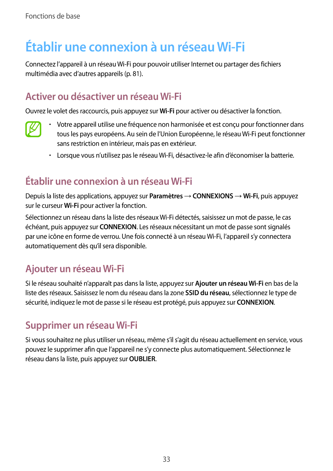 Samsung SM-T530NZWEXEF, SM-T530NZWAXEF manual Établir une connexion à un réseau Wi-Fi, Activer ou désactiver un réseau Wi-Fi 