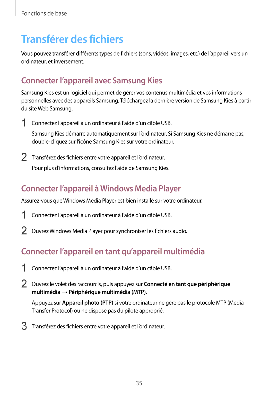 Samsung SM-T530NYKAXEF, SM-T530NZWEXEF, SM-T530NZWAXEF manual Transférer des fichiers, Connecter l’appareil avec Samsung Kies 