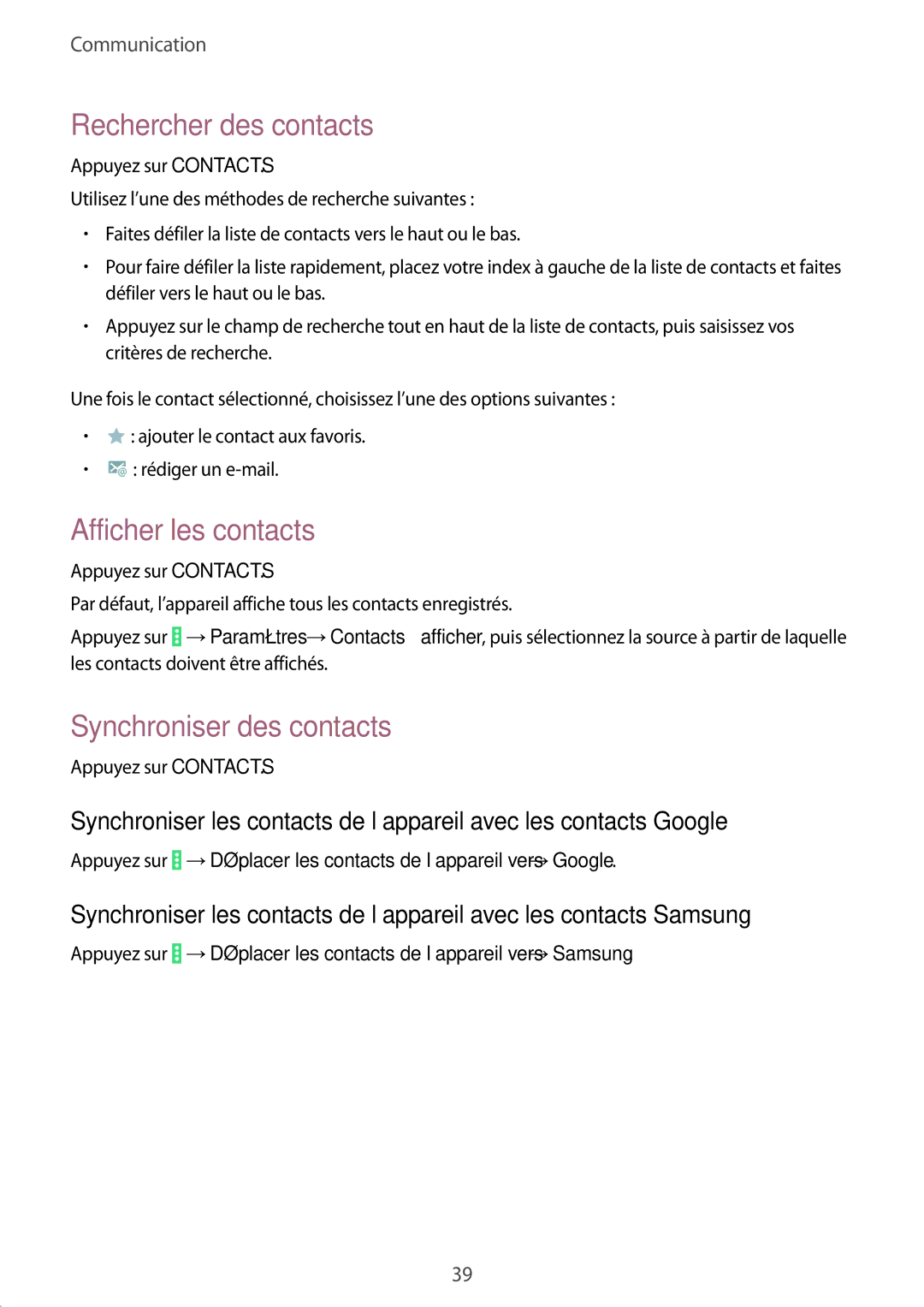 Samsung SM-T530NZWEXEF, SM-T530NZWAXEF manual Rechercher des contacts, Afficher les contacts, Synchroniser des contacts 