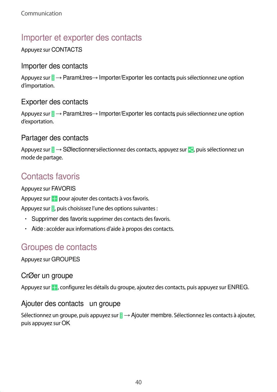 Samsung SM-T530NZWAXEF, SM-T530NZWEXEF manual Importer et exporter des contacts, Contacts favoris, Groupes de contacts 