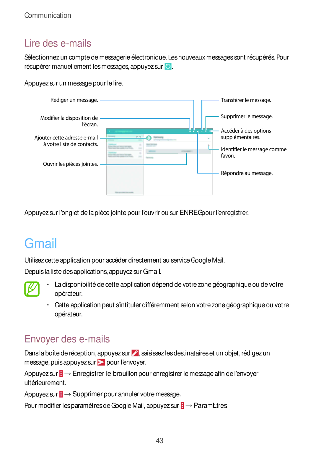 Samsung SM-T530NZWAXEF, SM-T530NZWEXEF, SM-T530NYKAXEF manual Gmail, Lire des e-mails 