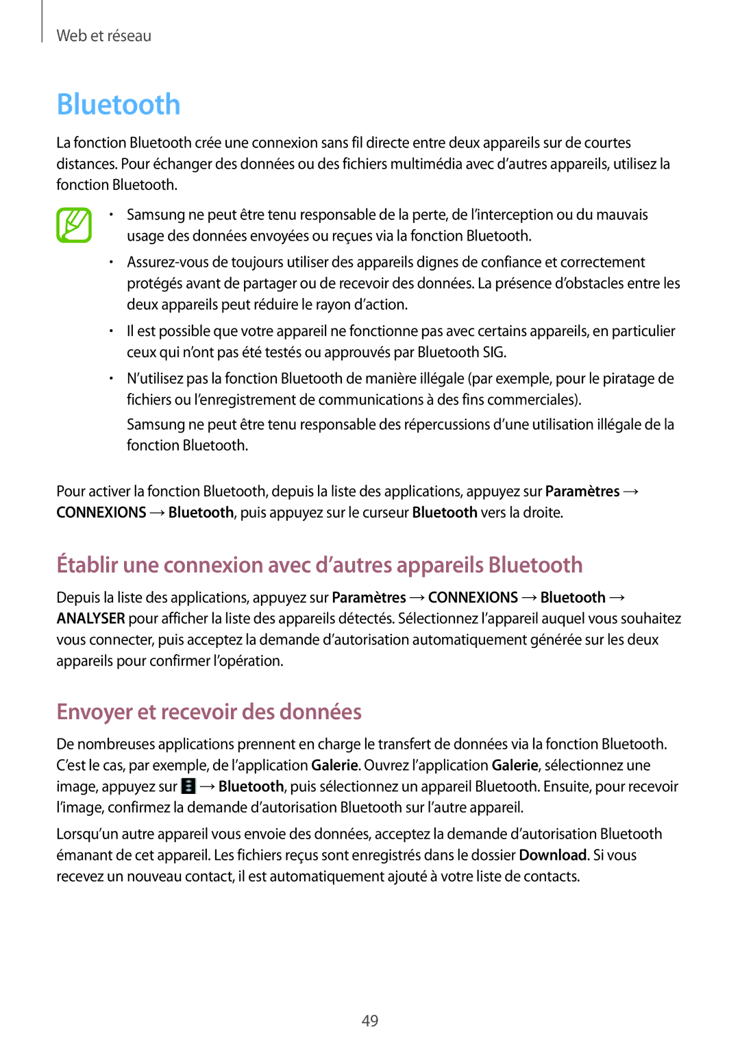 Samsung SM-T530NZWAXEF manual Établir une connexion avec d’autres appareils Bluetooth, Envoyer et recevoir des données 