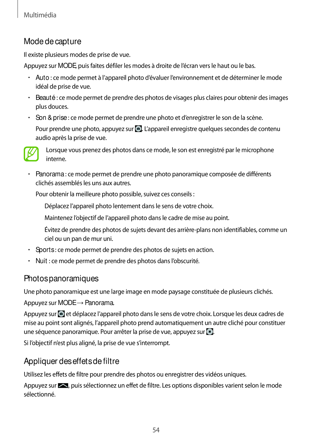 Samsung SM-T530NZWEXEF, SM-T530NZWAXEF, SM-T530NYKAXEF Mode de capture, Photos panoramiques, Appliquer des effets de filtre 