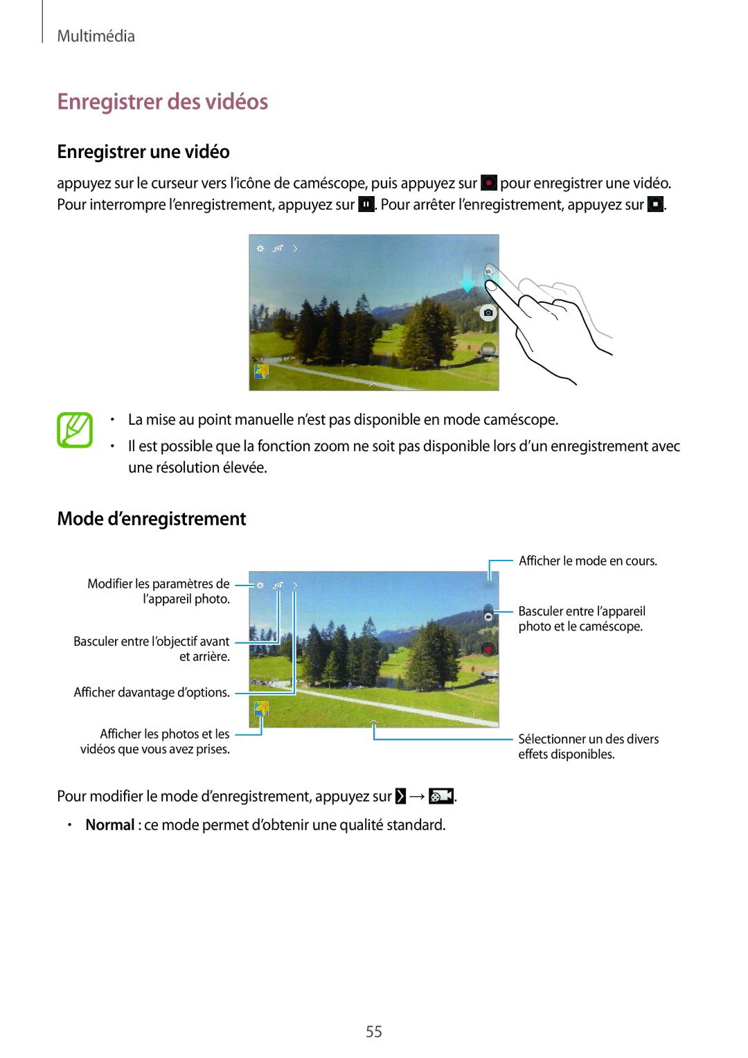 Samsung SM-T530NZWAXEF, SM-T530NZWEXEF, SM-T530NYKAXEF Enregistrer des vidéos, Enregistrer une vidéo, Mode d’enregistrement 