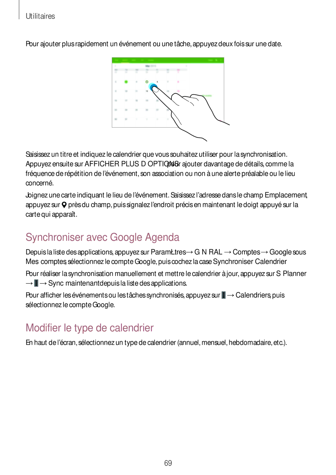 Samsung SM-T530NZWEXEF, SM-T530NZWAXEF, SM-T530NYKAXEF manual Synchroniser avec Google Agenda, Modifier le type de calendrier 