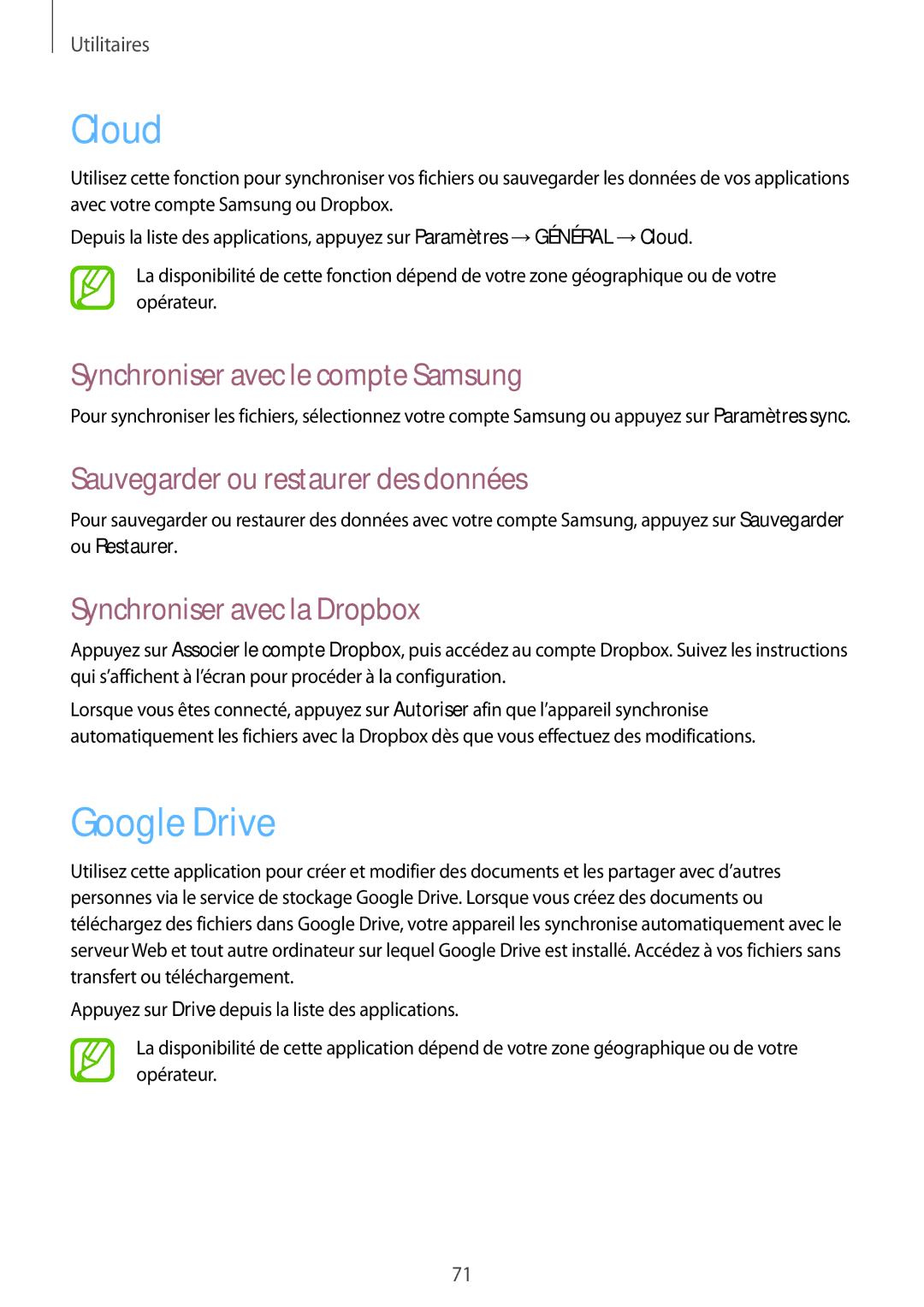 Samsung SM-T530NYKAXEF Cloud, Google Drive, Synchroniser avec le compte Samsung, Sauvegarder ou restaurer des données 