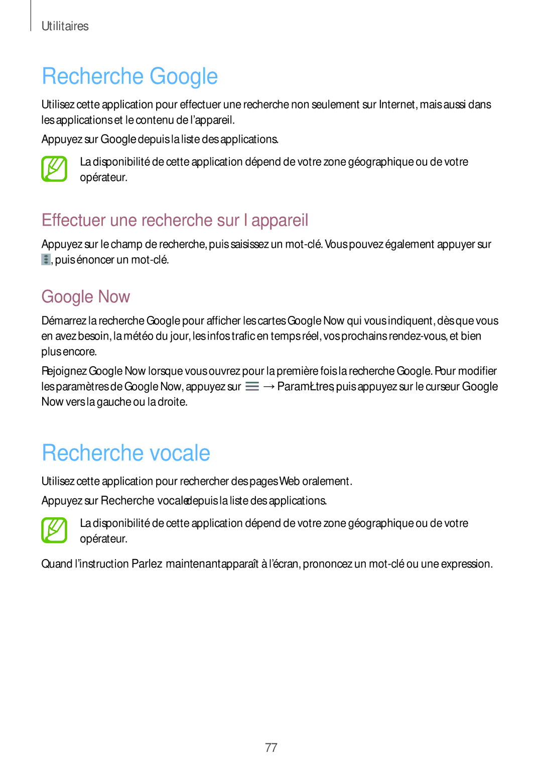 Samsung SM-T530NYKAXEF manual Recherche Google, Recherche vocale, Effectuer une recherche sur l’appareil, Google Now 