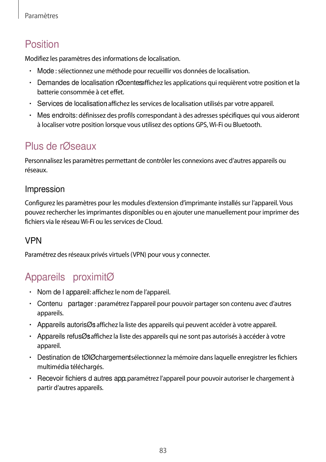 Samsung SM-T530NYKAXEF, SM-T530NZWEXEF, SM-T530NZWAXEF manual Position, Plus de réseaux, Appareils à proximité, Impression 