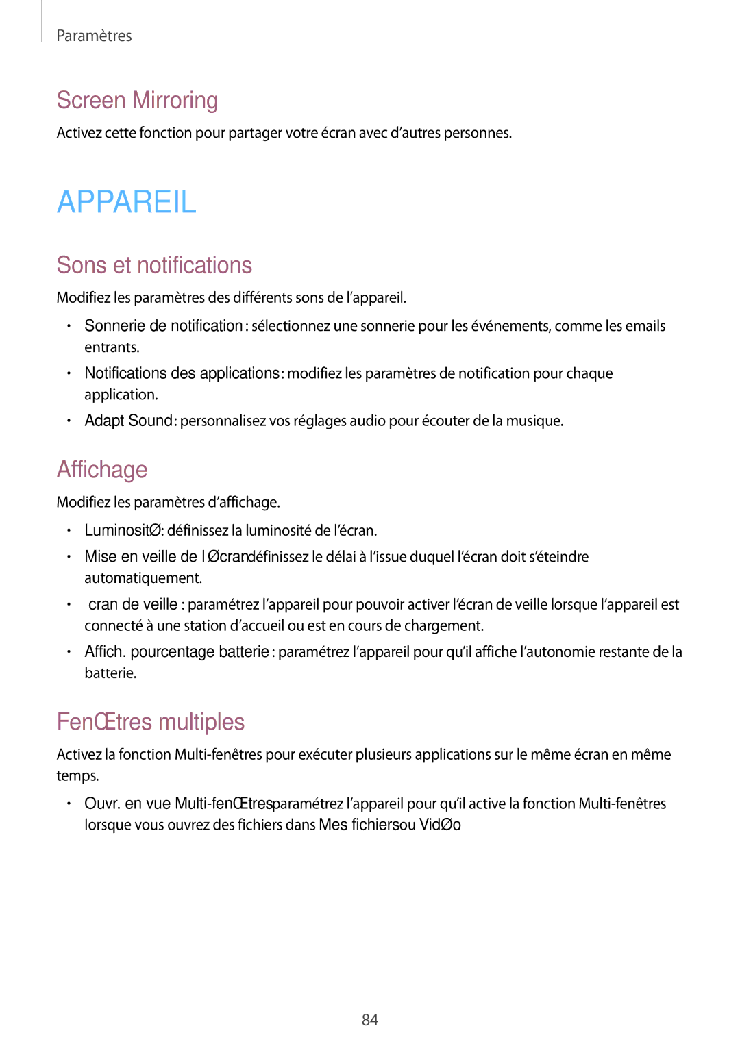 Samsung SM-T530NZWEXEF, SM-T530NZWAXEF manual Screen Mirroring, Sons et notifications, Affichage, Fenêtres multiples 