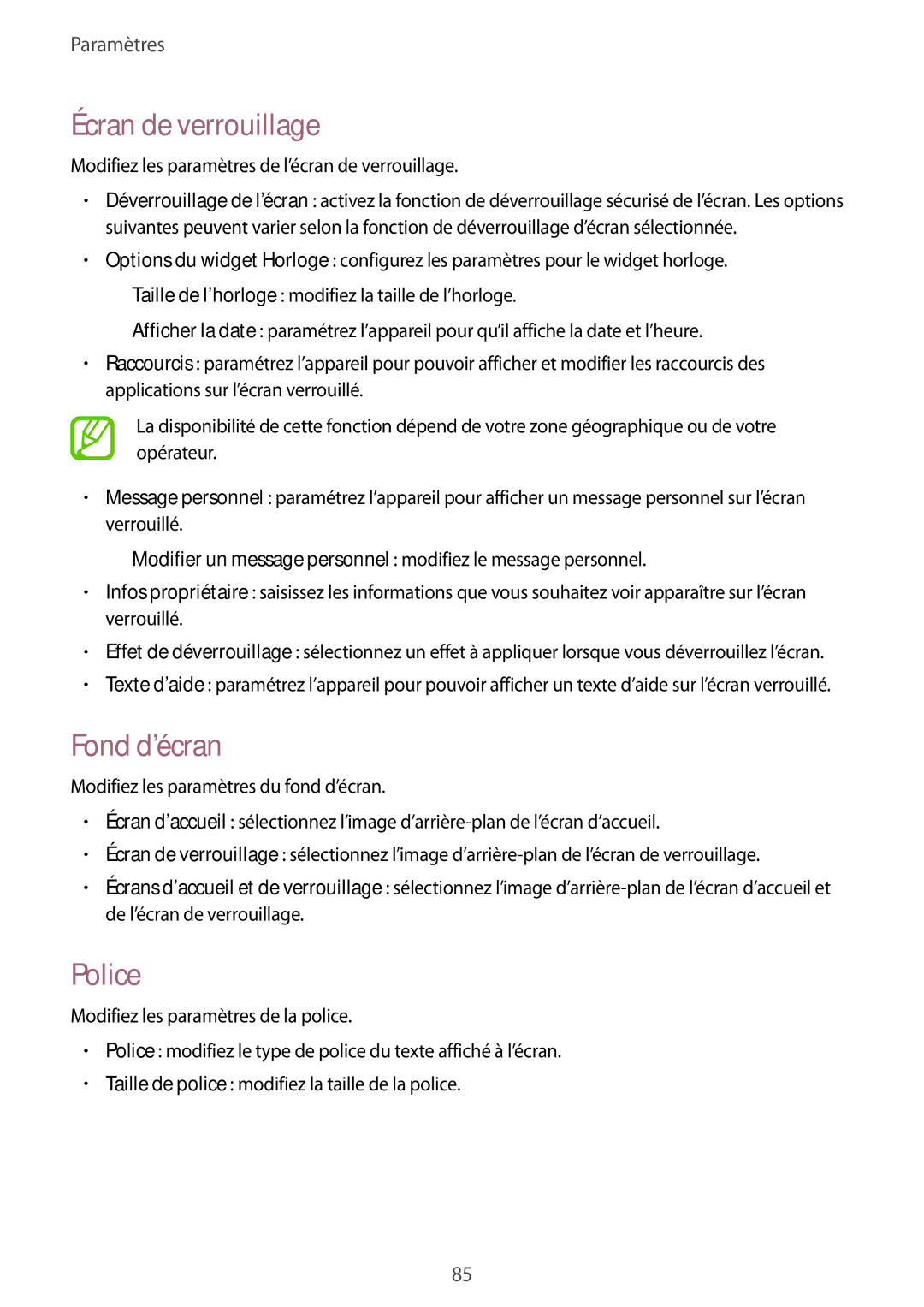 Samsung SM-T530NZWAXEF, SM-T530NZWEXEF, SM-T530NYKAXEF manual Écran de verrouillage, Fond d’écran, Police 