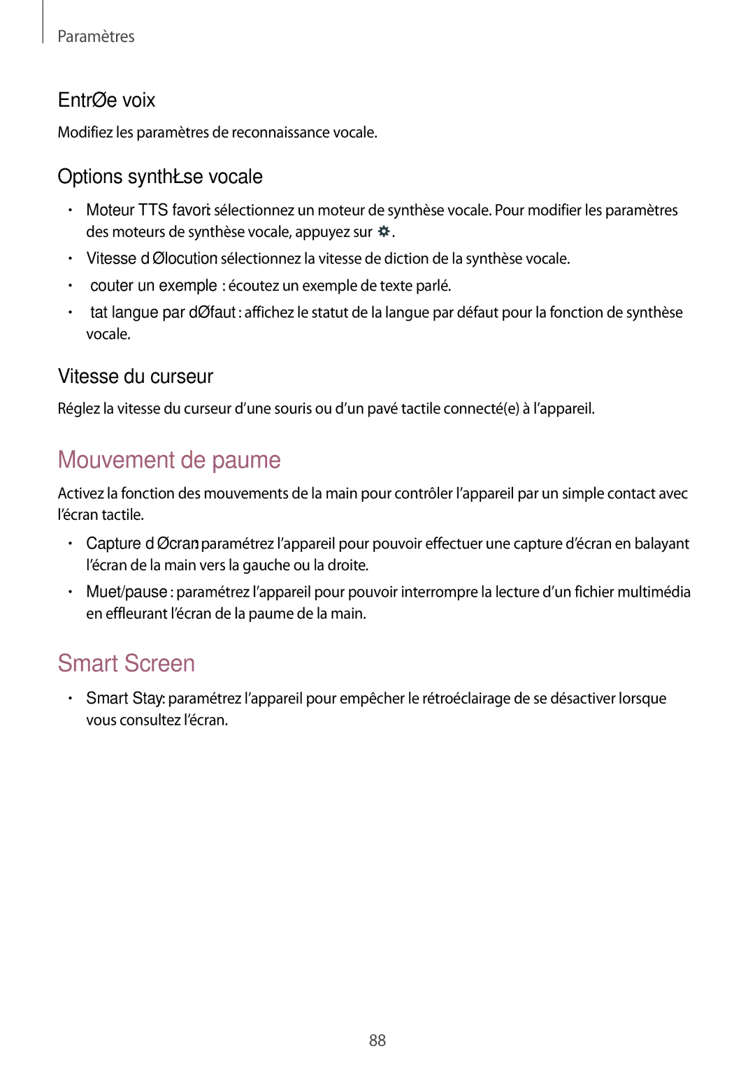 Samsung SM-T530NZWAXEF manual Mouvement de paume, Smart Screen, Entrée voix, Options synthèse vocale, Vitesse du curseur 