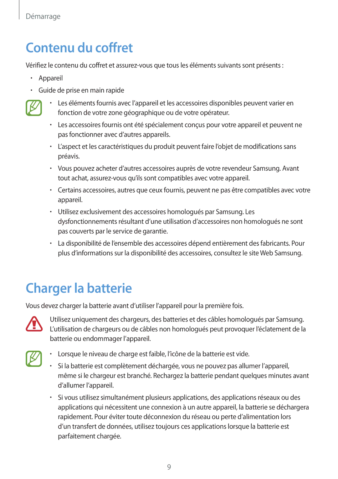 Samsung SM-T530NZWEXEF, SM-T530NZWAXEF, SM-T530NYKAXEF manual Contenu du coffret, Charger la batterie 