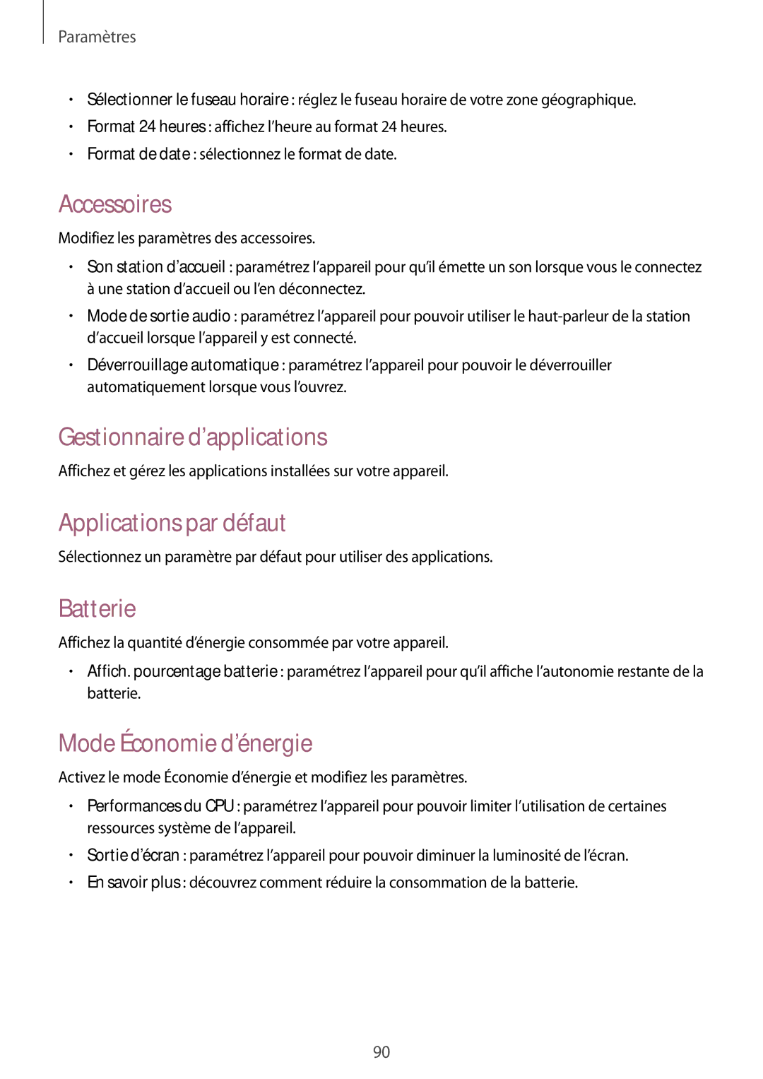 Samsung SM-T530NZWEXEF, SM-T530NZWAXEF manual Accessoires, Gestionnaire d’applications, Applications par défaut, Batterie 