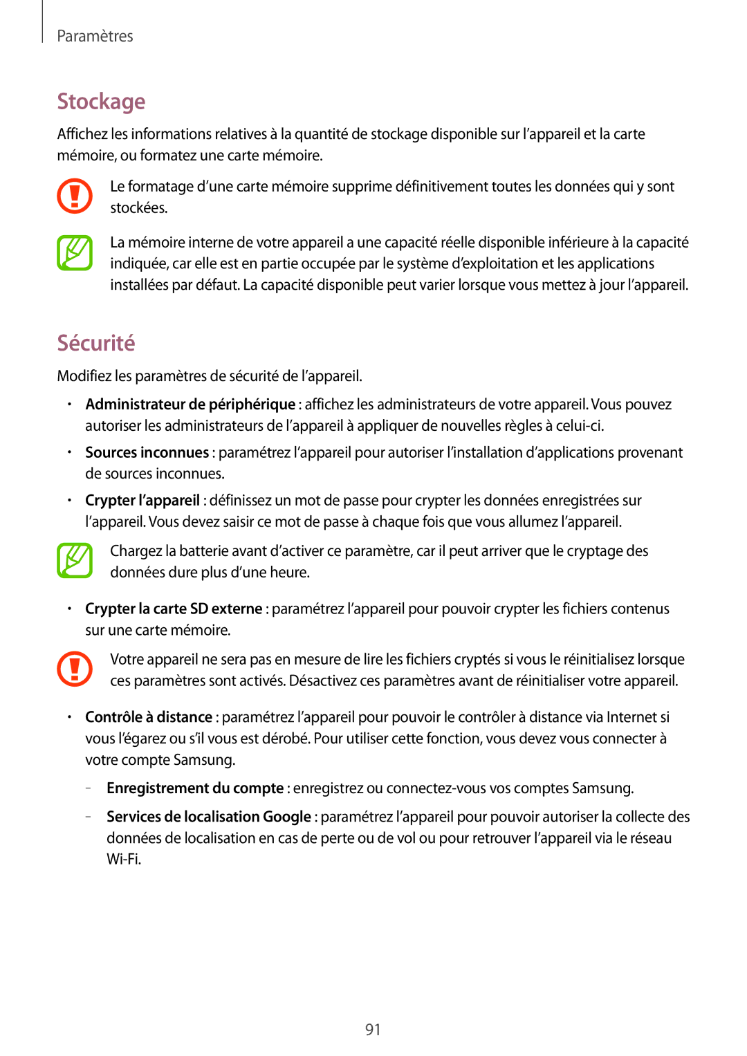 Samsung SM-T530NZWAXEF, SM-T530NZWEXEF, SM-T530NYKAXEF manual Stockage, Sécurité 