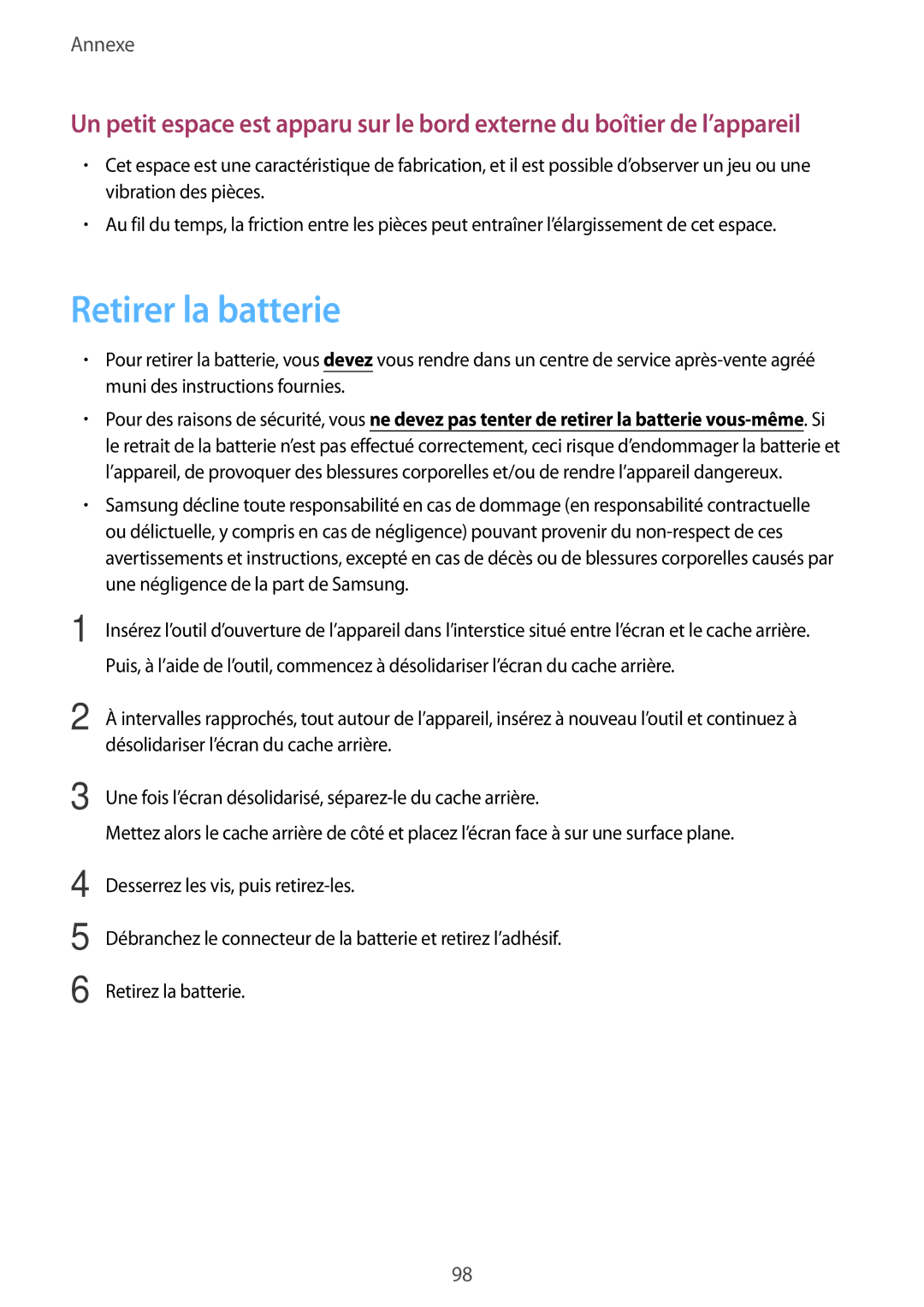 Samsung SM-T530NYKAXEF, SM-T530NZWEXEF, SM-T530NZWAXEF manual Retirer la batterie 