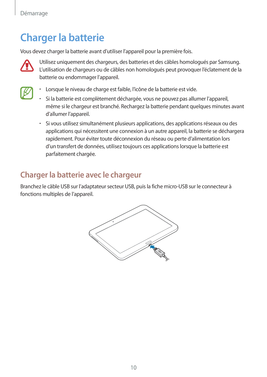 Samsung SM-T530NZWAXEF, SM-T530NZWEXEF, SM-T530NYKAXEF manual Charger la batterie avec le chargeur 