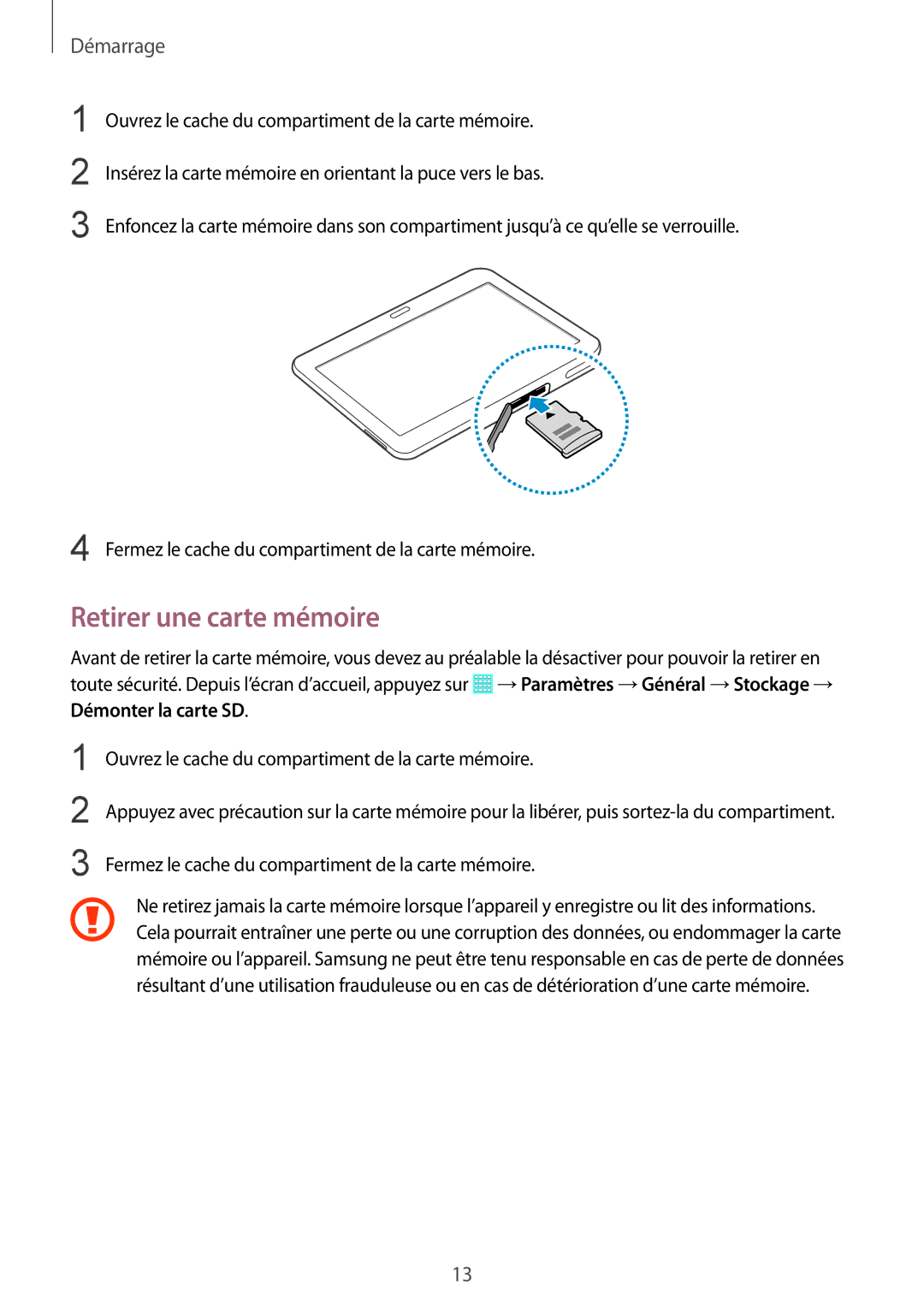 Samsung SM-T530NZWAXEF, SM-T530NZWEXEF, SM-T530NYKAXEF manual Retirer une carte mémoire 