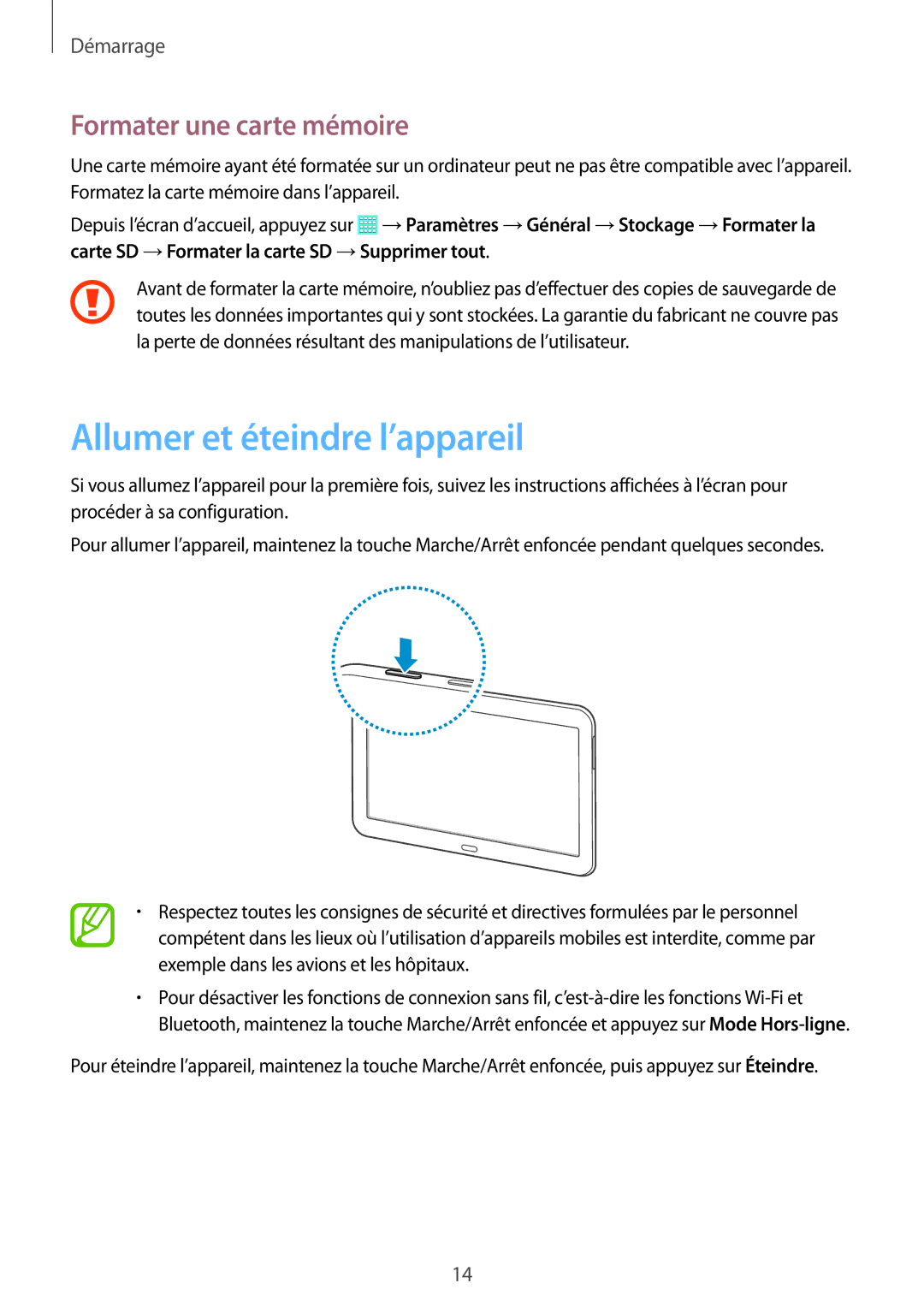 Samsung SM-T530NYKAXEF, SM-T530NZWEXEF, SM-T530NZWAXEF manual Allumer et éteindre l’appareil, Formater une carte mémoire 