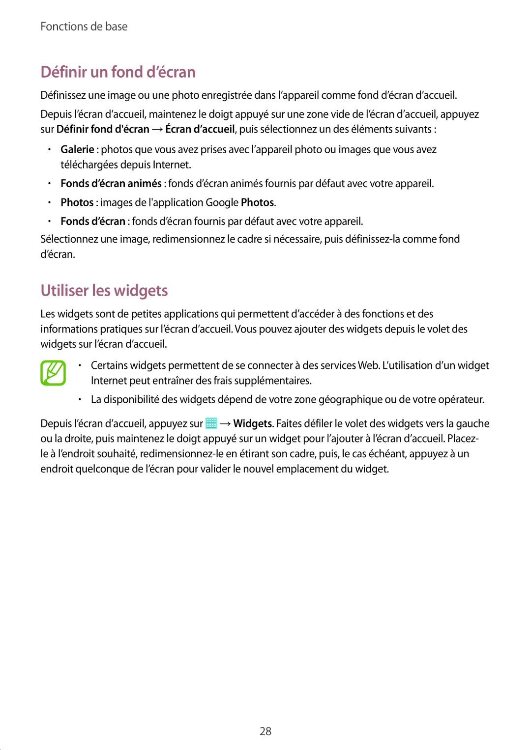 Samsung SM-T530NZWAXEF, SM-T530NZWEXEF, SM-T530NYKAXEF manual Définir un fond d’écran, Utiliser les widgets 