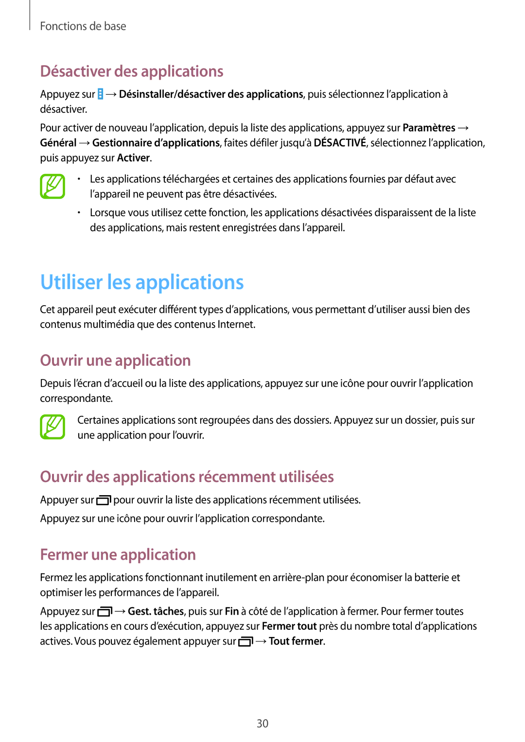 Samsung SM-T530NZWEXEF, SM-T530NZWAXEF manual Utiliser les applications, Désactiver des applications, Ouvrir une application 