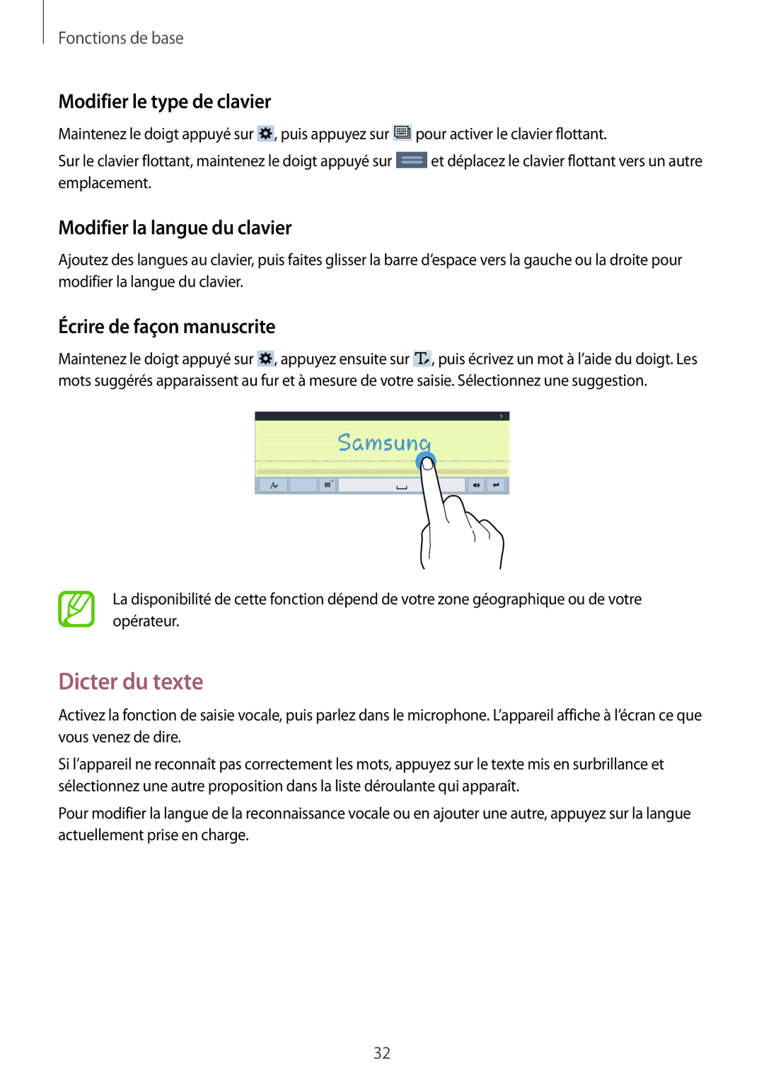 Samsung SM-T530NYKAXEF, SM-T530NZWEXEF manual Dicter du texte, Modifier le type de clavier, Modifier la langue du clavier 