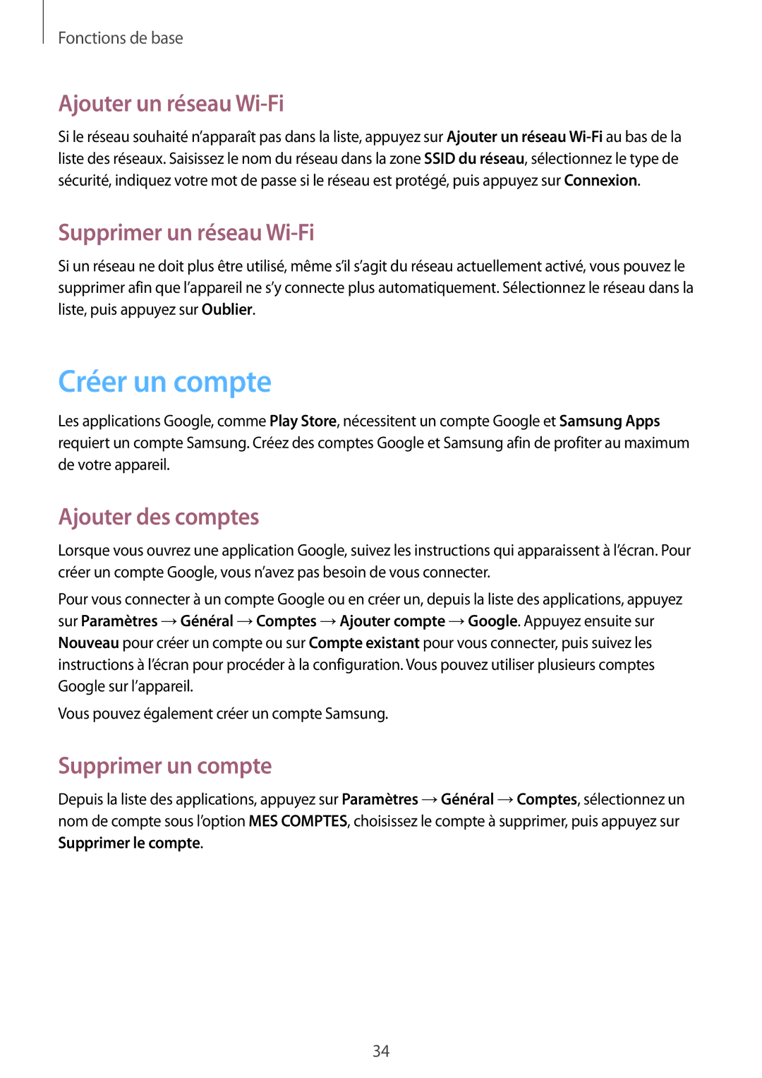 Samsung SM-T530NZWAXEF manual Créer un compte, Ajouter un réseau Wi-Fi, Supprimer un réseau Wi-Fi, Ajouter des comptes 