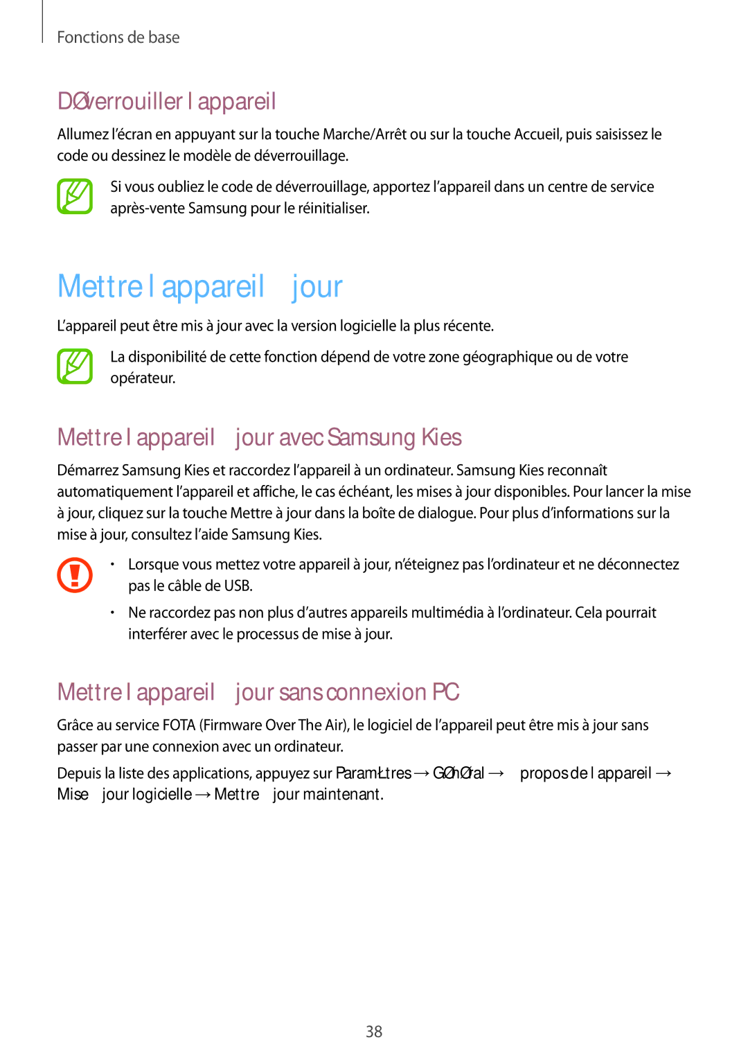 Samsung SM-T530NYKAXEF, SM-T530NZWEXEF manual Déverrouiller l’appareil, Mettre l’appareil à jour avec Samsung Kies 