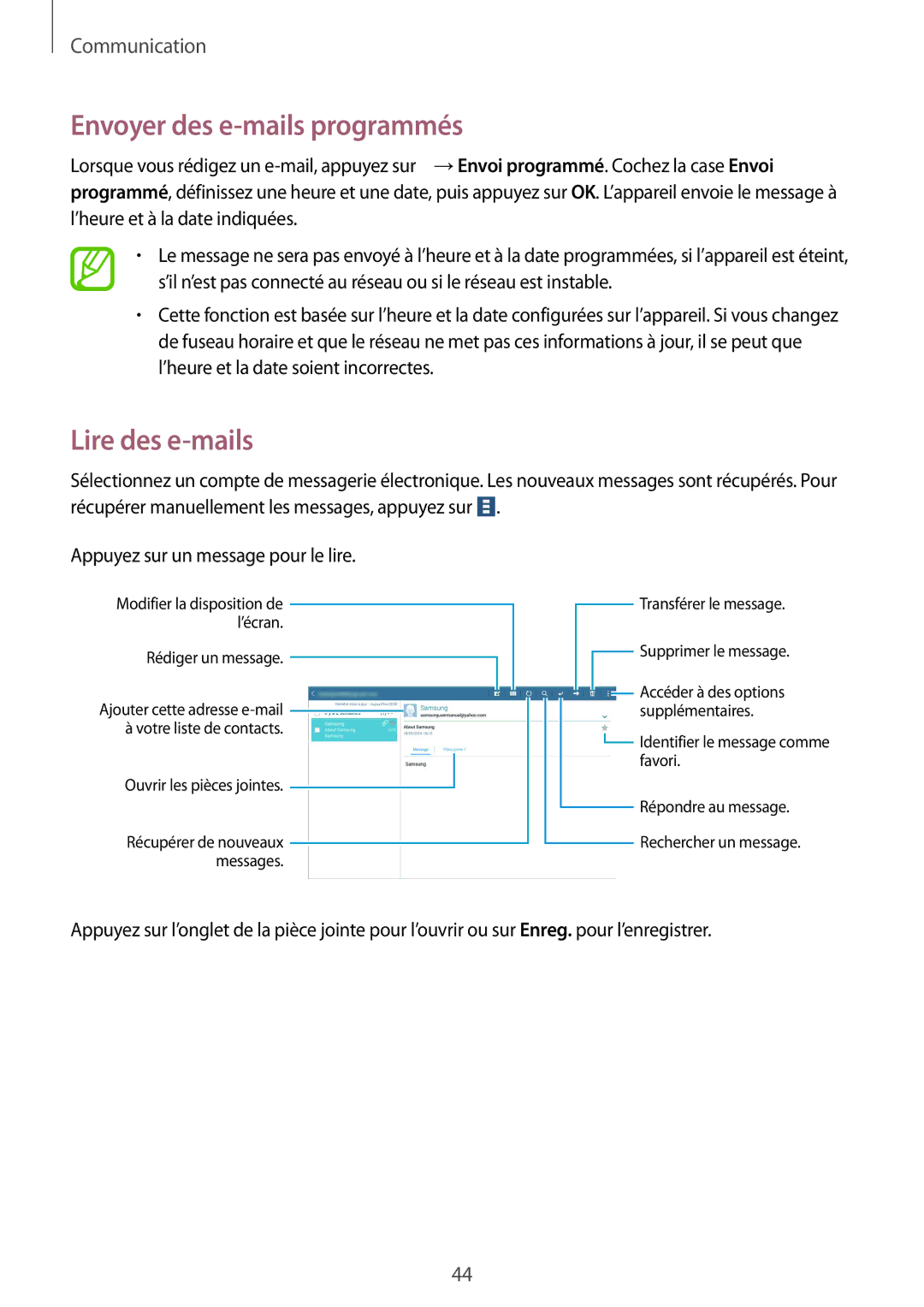 Samsung SM-T530NYKAXEF, SM-T530NZWEXEF, SM-T530NZWAXEF manual Envoyer des e-mails programmés, Lire des e-mails 