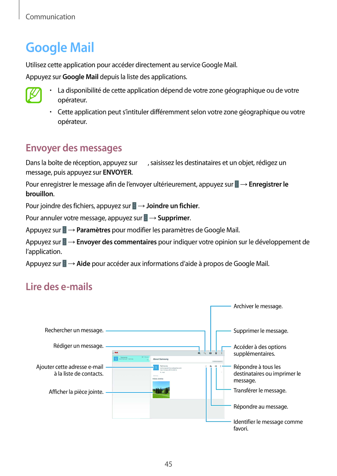 Samsung SM-T530NZWEXEF, SM-T530NZWAXEF, SM-T530NYKAXEF manual Google Mail, Envoyer des messages 