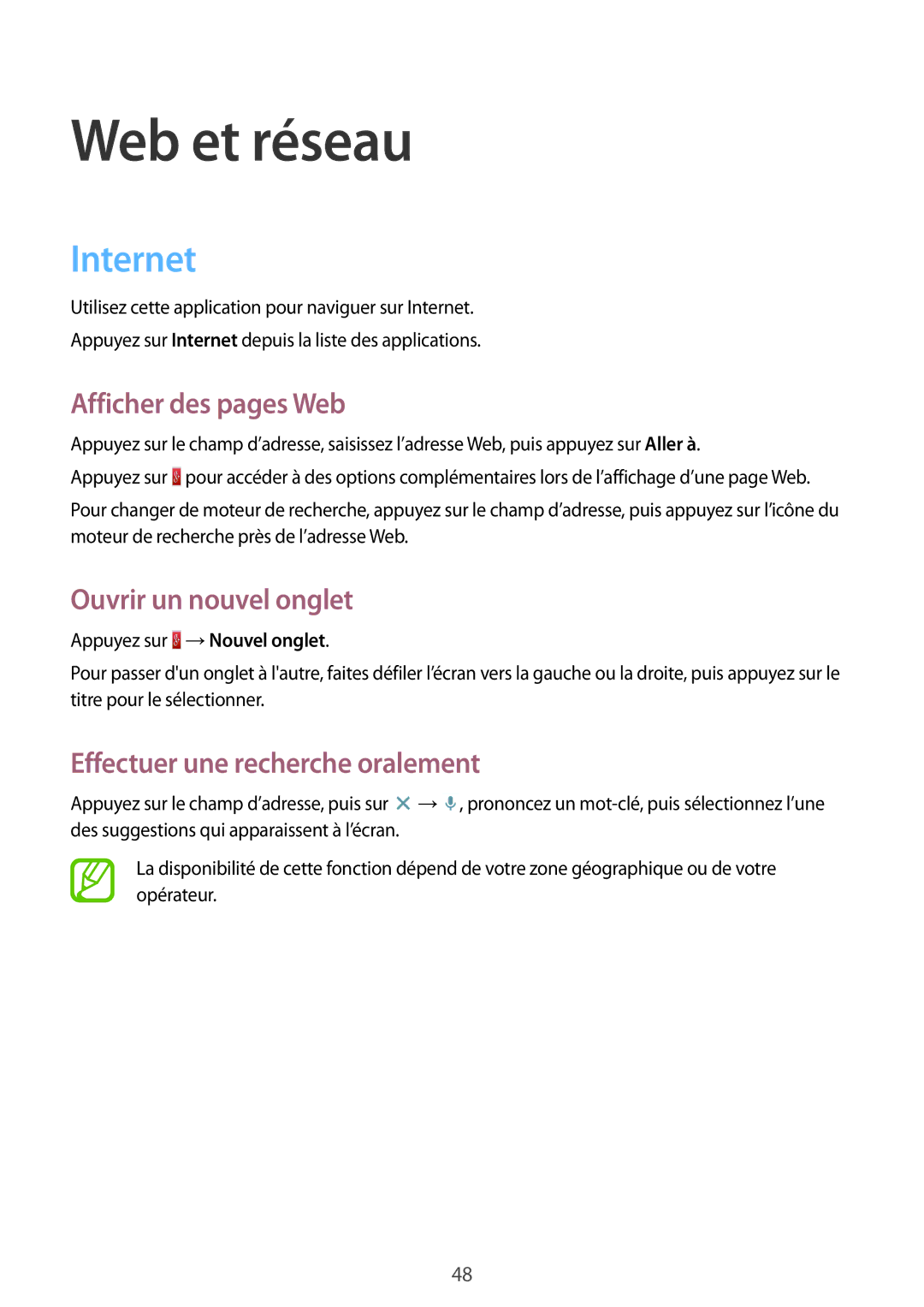 Samsung SM-T530NZWEXEF, SM-T530NZWAXEF manual Web et réseau, Internet, Afficher des pages Web, Ouvrir un nouvel onglet 