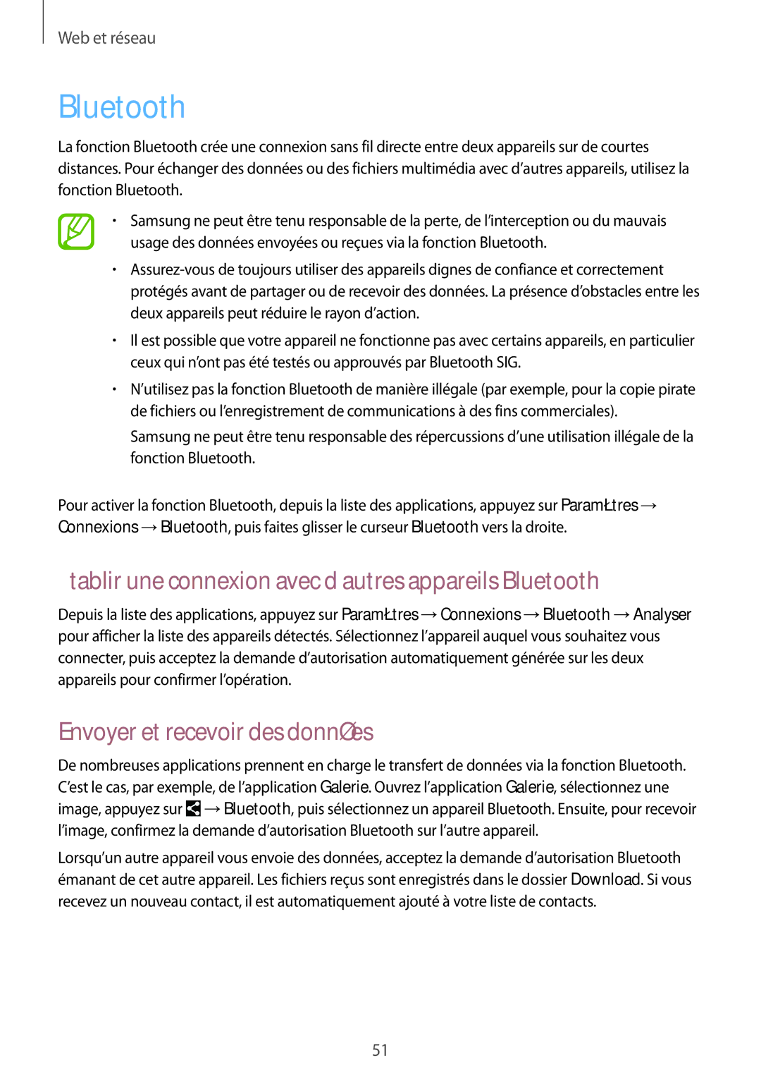 Samsung SM-T530NZWEXEF manual Établir une connexion avec d’autres appareils Bluetooth, Envoyer et recevoir des données 