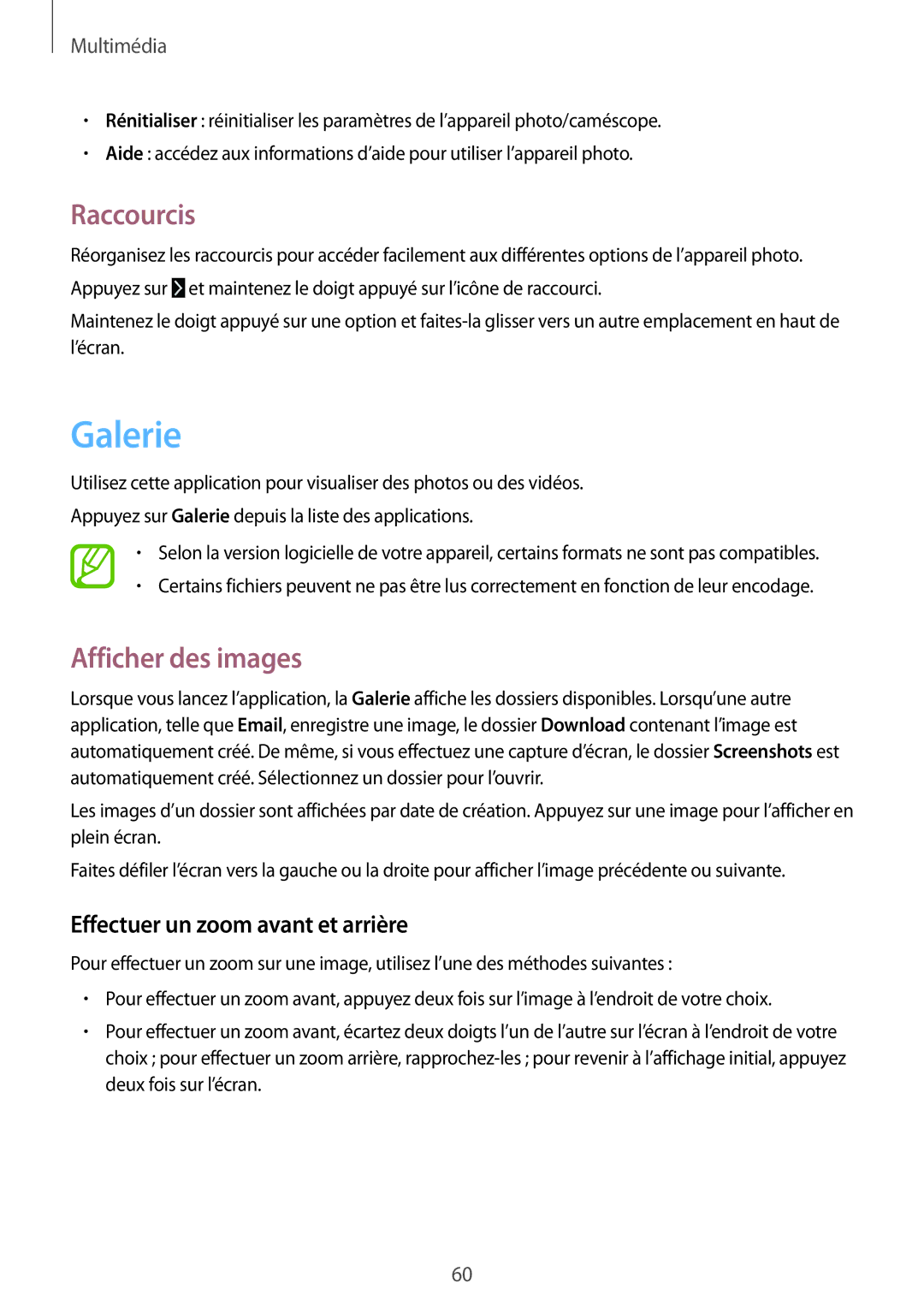 Samsung SM-T530NZWEXEF, SM-T530NZWAXEF manual Galerie, Raccourcis, Afficher des images, Effectuer un zoom avant et arrière 