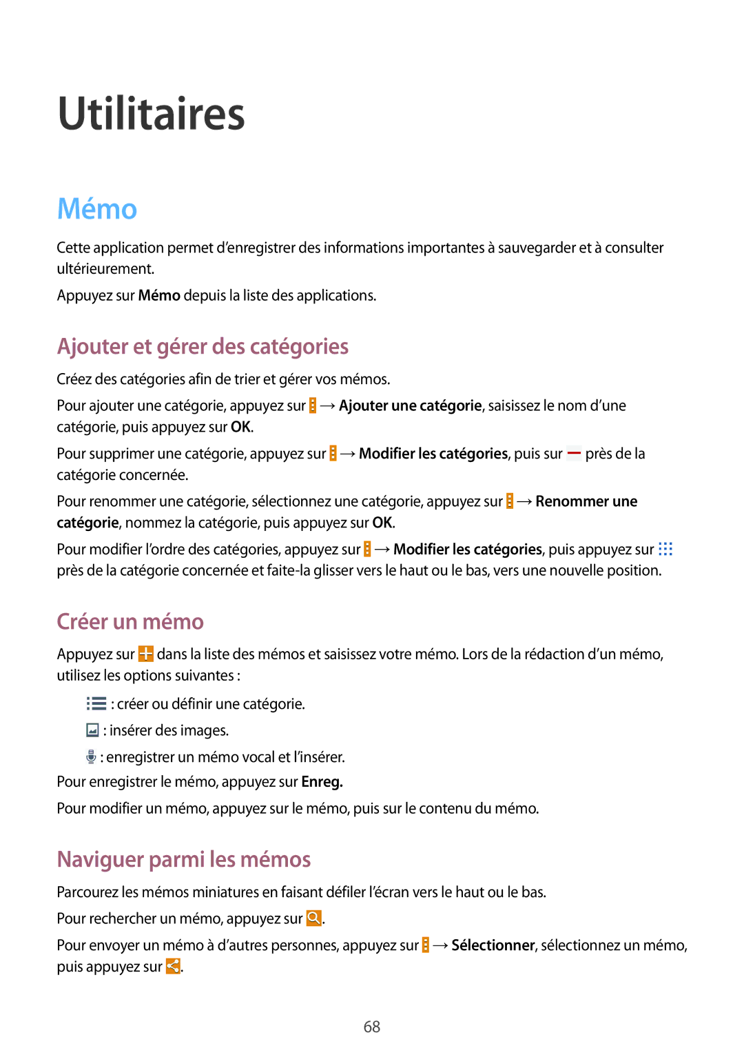 Samsung SM-T530NYKAXEF manual Utilitaires, Mémo, Ajouter et gérer des catégories, Créer un mémo, Naviguer parmi les mémos 