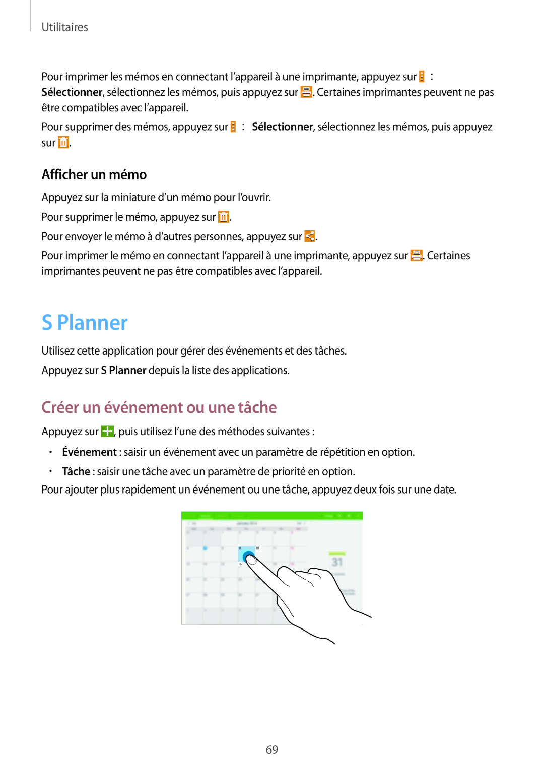 Samsung SM-T530NZWEXEF, SM-T530NZWAXEF, SM-T530NYKAXEF manual Planner, Créer un événement ou une tâche, Afficher un mémo 