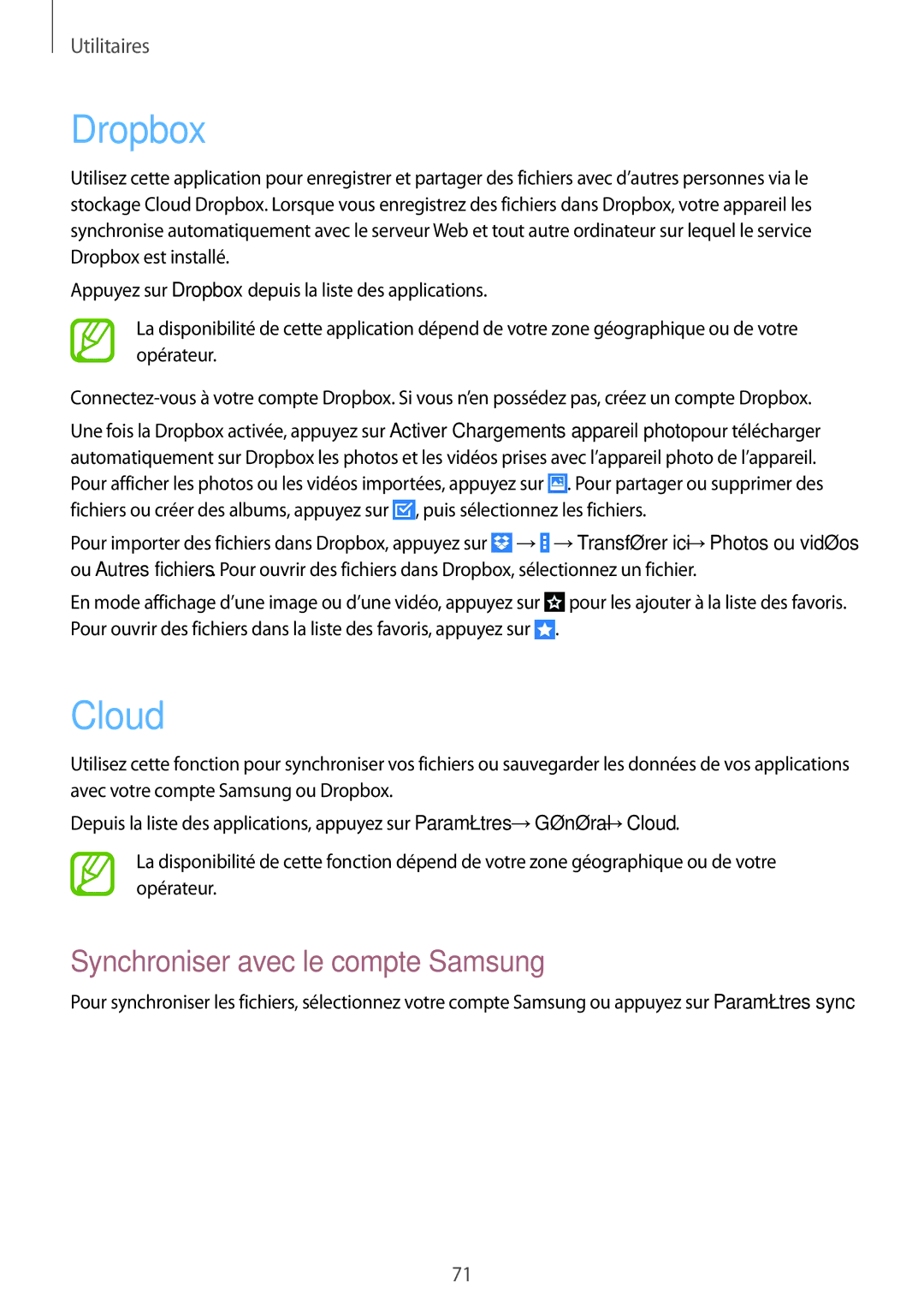 Samsung SM-T530NYKAXEF, SM-T530NZWEXEF, SM-T530NZWAXEF manual Dropbox, Cloud, Synchroniser avec le compte Samsung 