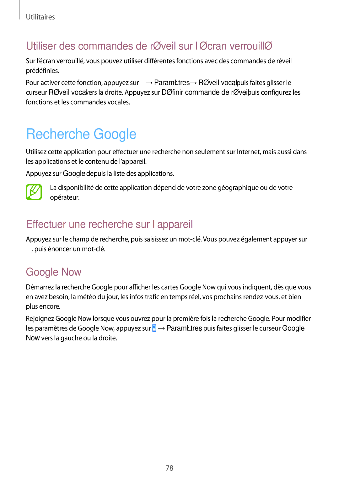 Samsung SM-T530NZWEXEF manual Recherche Google, Utiliser des commandes de réveil sur l’écran verrouillé, Google Now 