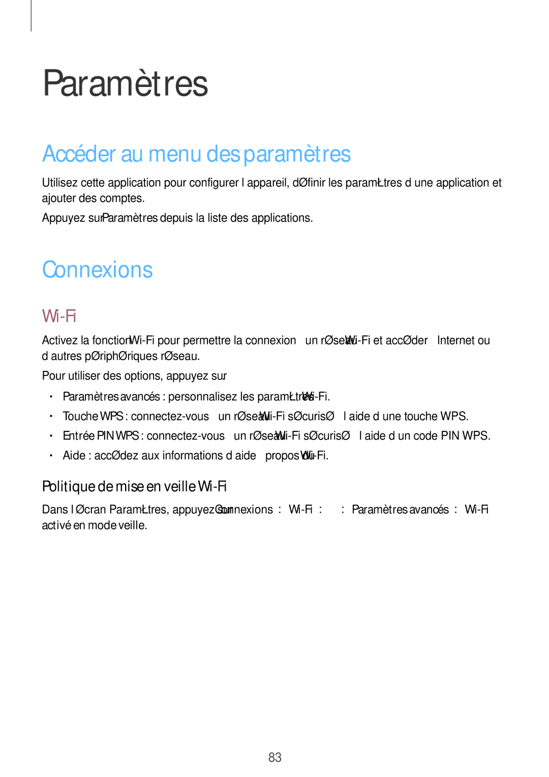 Samsung SM-T530NYKAXEF manual Paramètres, Accéder au menu des paramètres, Connexions, Politique de mise en veille Wi-Fi 