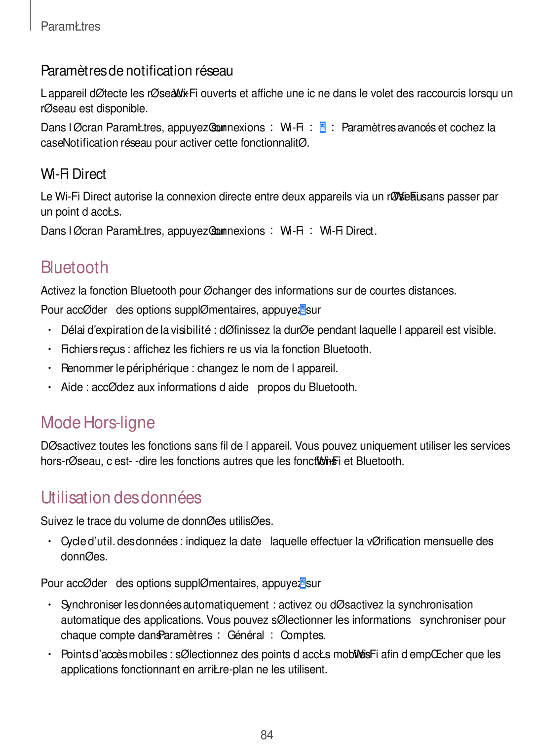 Samsung SM-T530NZWEXEF manual Bluetooth, Mode Hors-ligne, Utilisation des données, Paramètres de notification réseau 