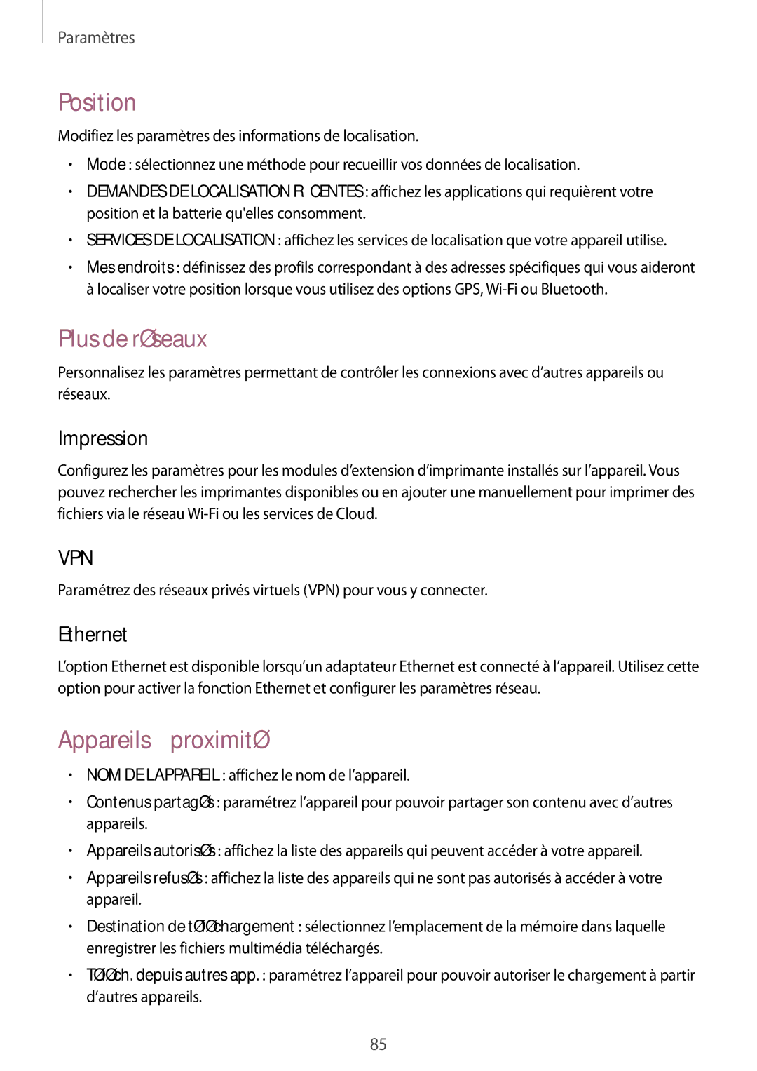 Samsung SM-T530NZWAXEF, SM-T530NZWEXEF manual Position, Plus de réseaux, Appareils à proximité, Impression, Ethernet 