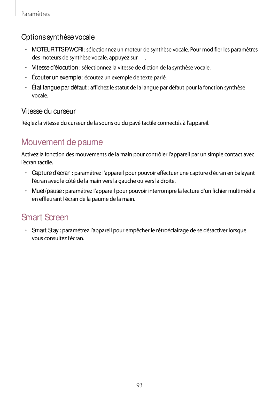 Samsung SM-T530NZWEXEF, SM-T530NZWAXEF manual Mouvement de paume, Smart Screen, Options synthèse vocale, Vitesse du curseur 