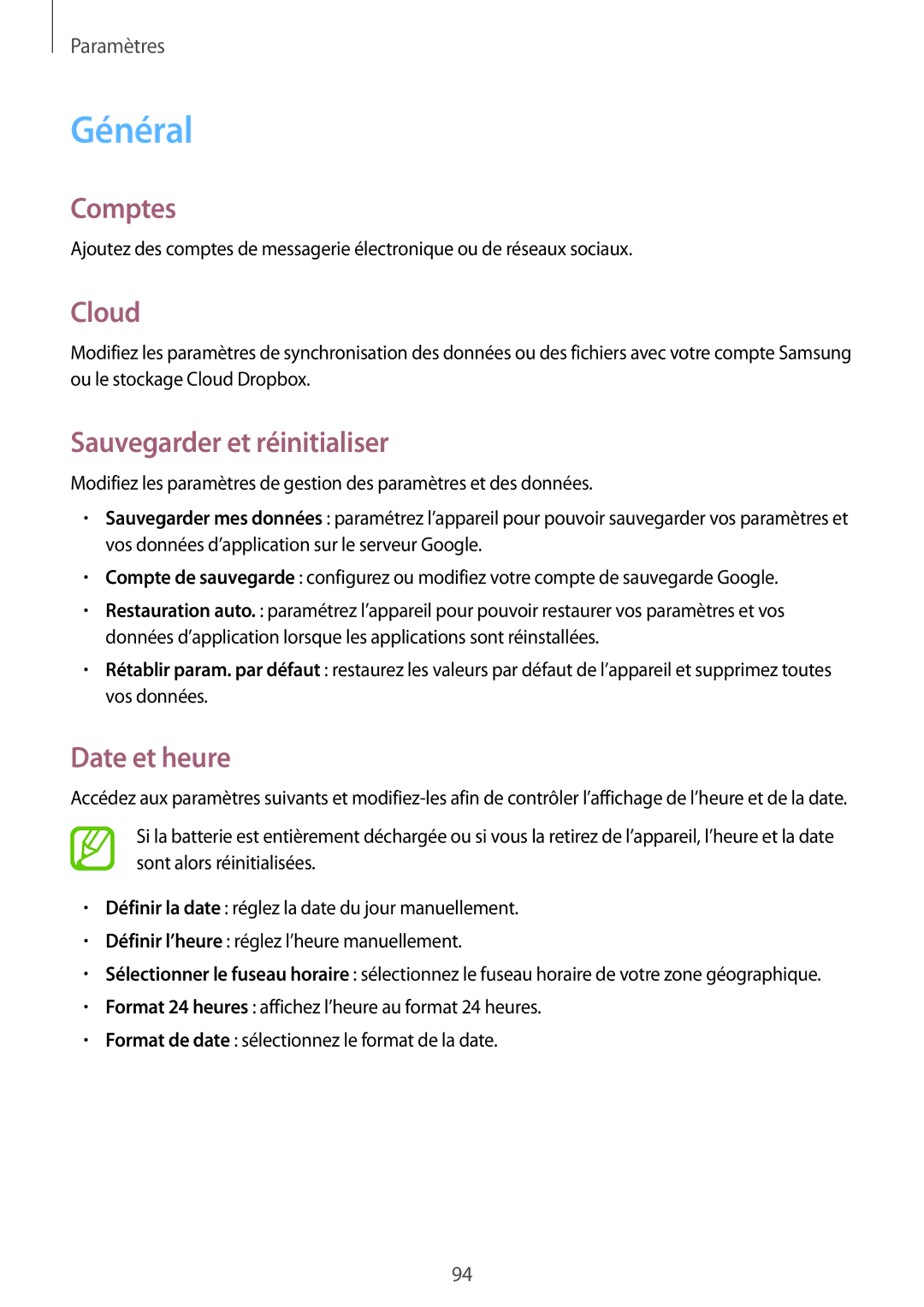 Samsung SM-T530NZWAXEF, SM-T530NZWEXEF, SM-T530NYKAXEF Général, Comptes, Cloud, Sauvegarder et réinitialiser, Date et heure 