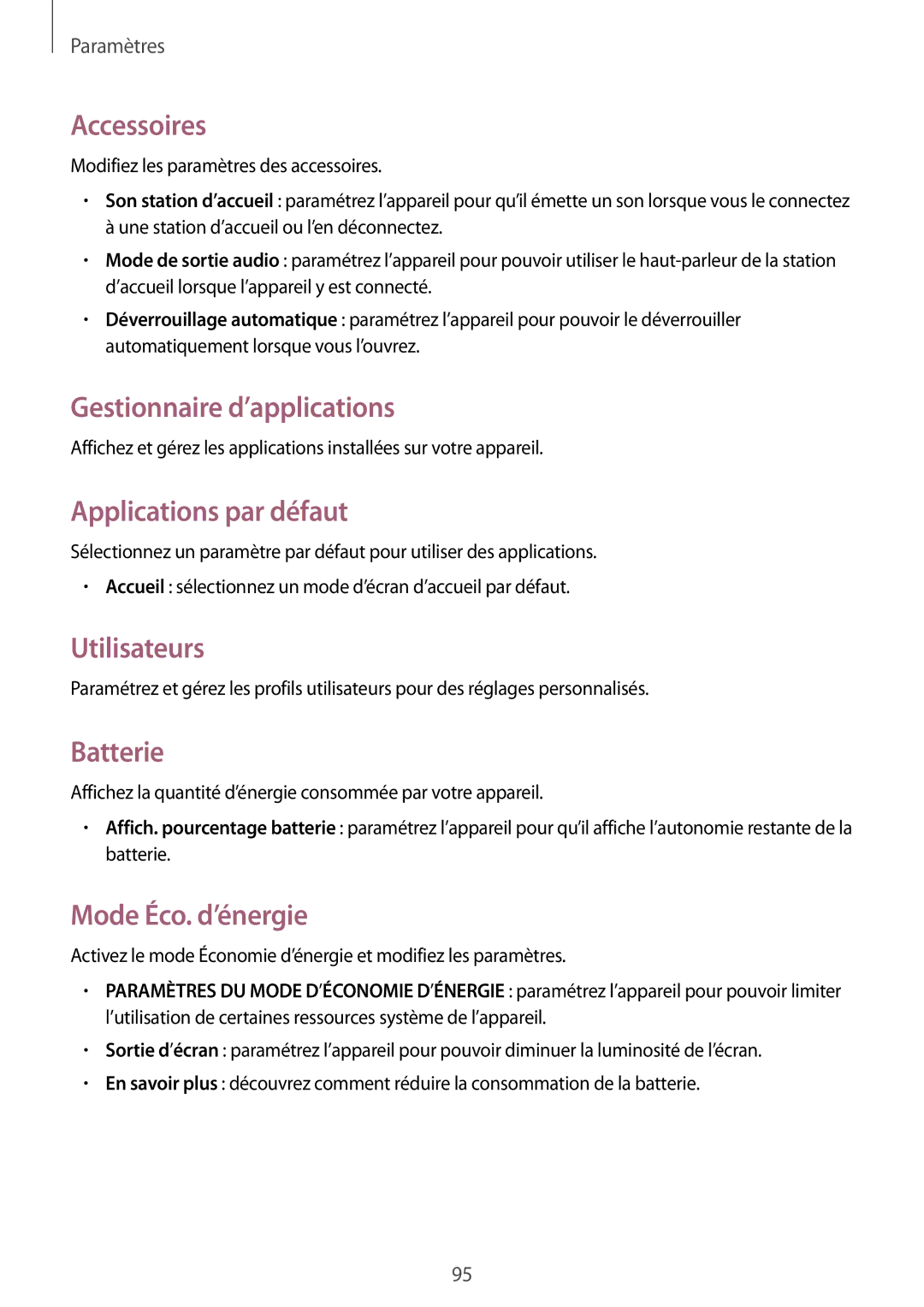 Samsung SM-T530NYKAXEF manual Accessoires, Gestionnaire d’applications, Applications par défaut, Utilisateurs, Batterie 