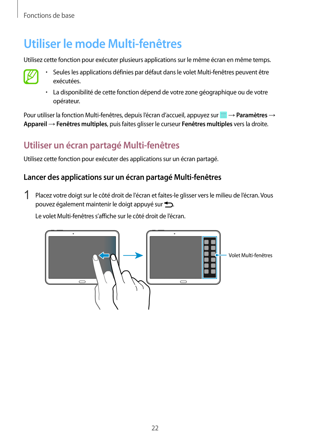 Samsung SM-T530NZWAXEF manual Utiliser le mode Multi-fenêtres, Utiliser un écran partagé Multi-fenêtres, Fonctions de base 