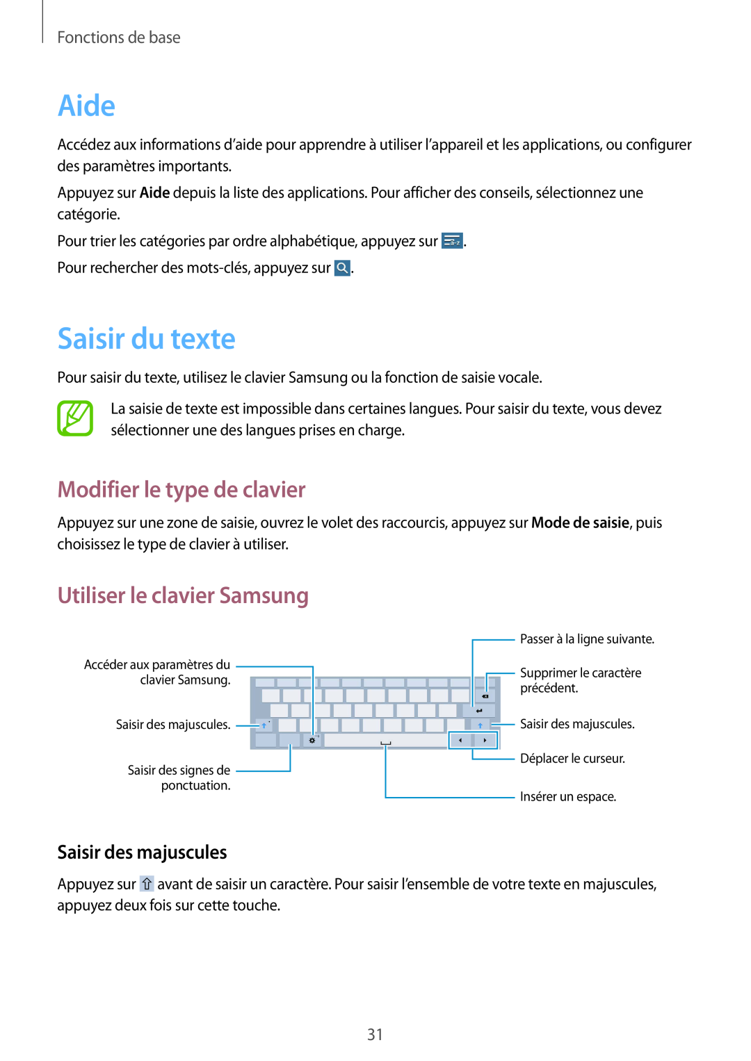 Samsung SM-T530NZWAXEF Aide, Saisir du texte, Modifier le type de clavier, Utiliser le clavier Samsung, Fonctions de base 