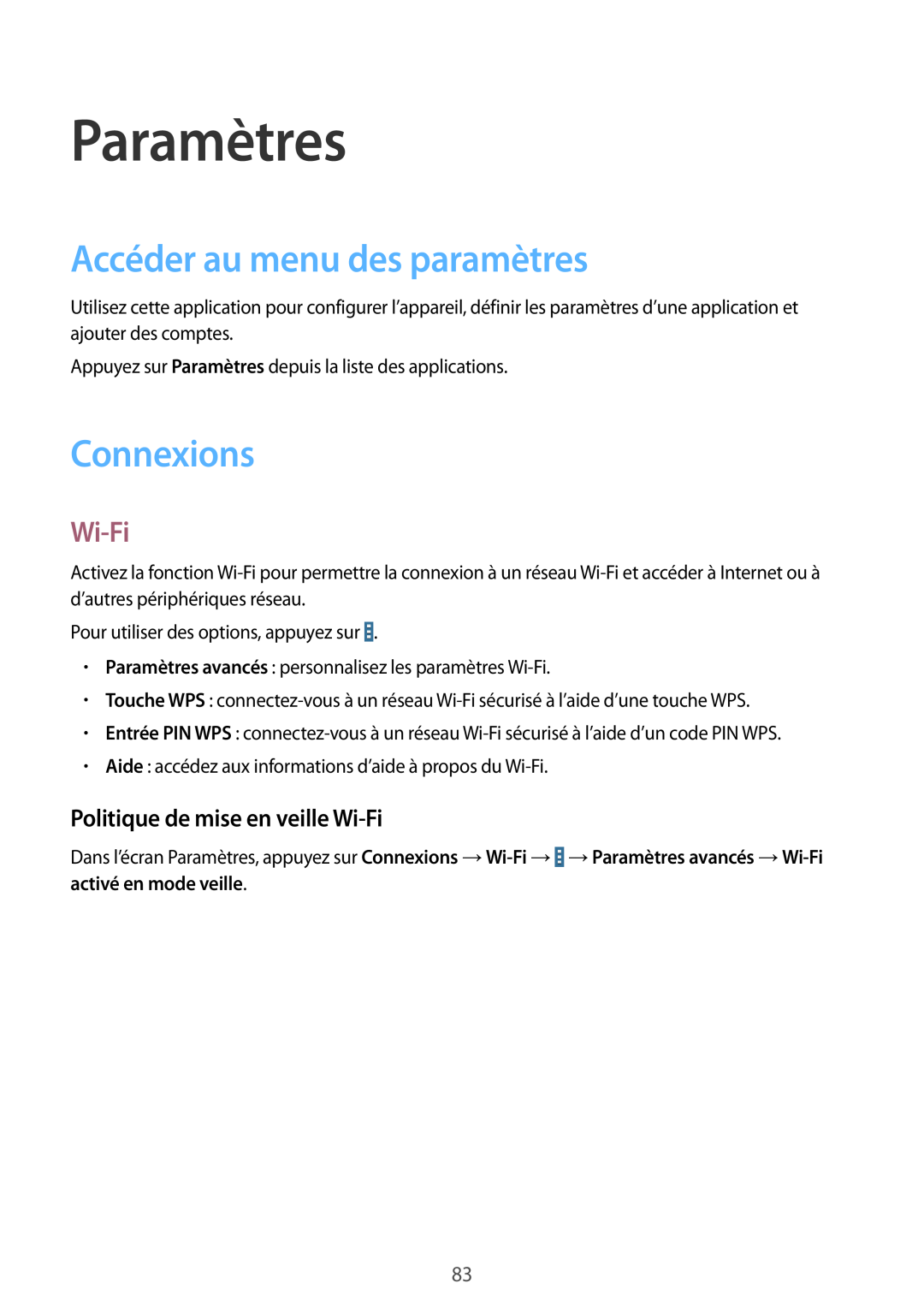 Samsung SM-T530NYKAXEF manual Paramètres, Accéder au menu des paramètres, Connexions, Politique de mise en veille Wi-Fi 