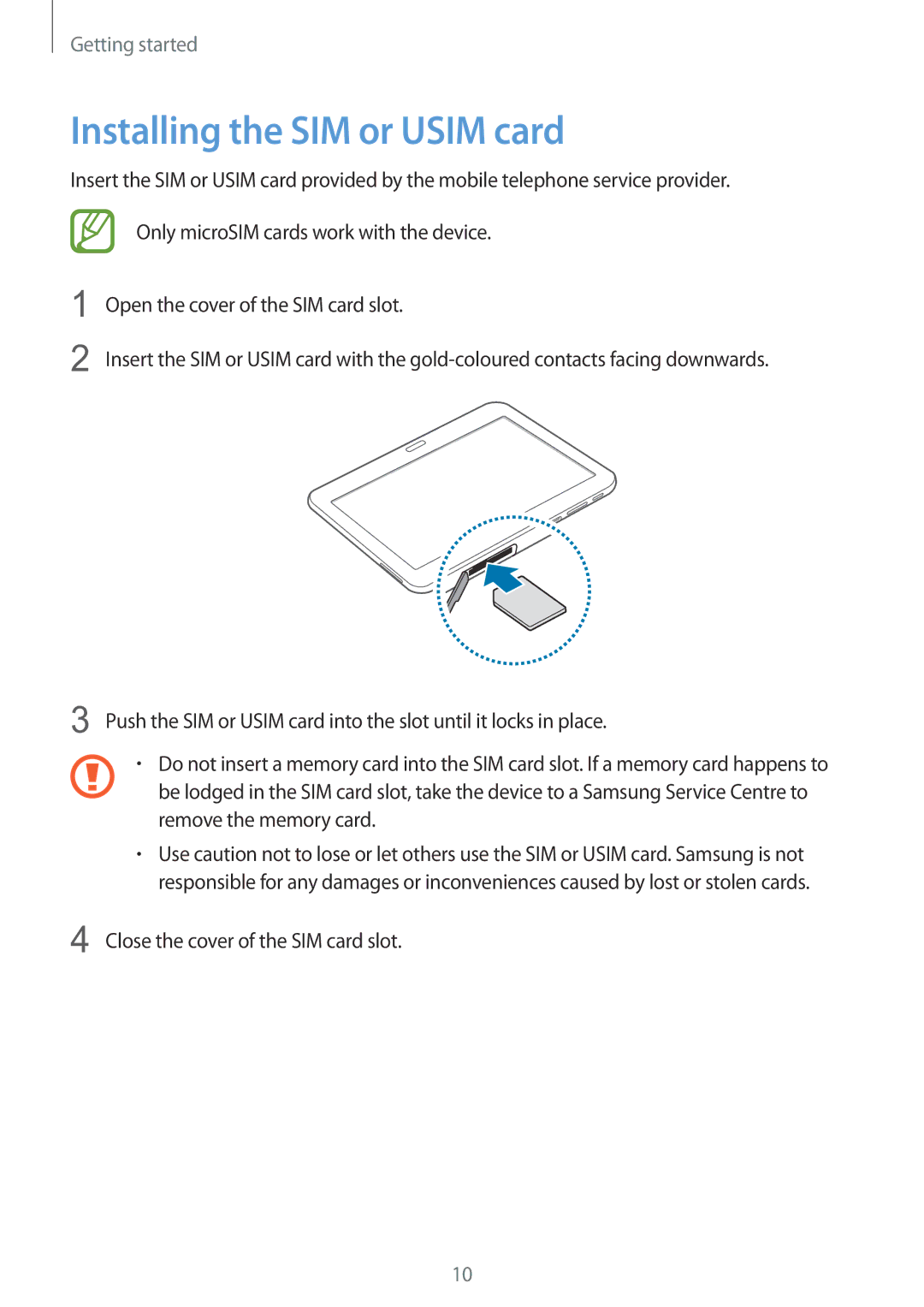 Samsung SM-T531NYKASER, SM-T531NZWASER manual Installing the SIM or Usim card 