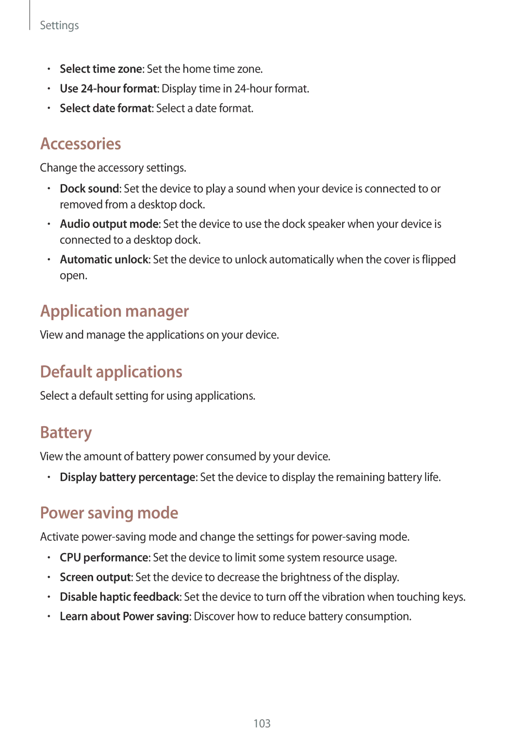 Samsung SM-T531NZWASER, SM-T531NYKASER Accessories, Application manager, Default applications, Battery, Power saving mode 