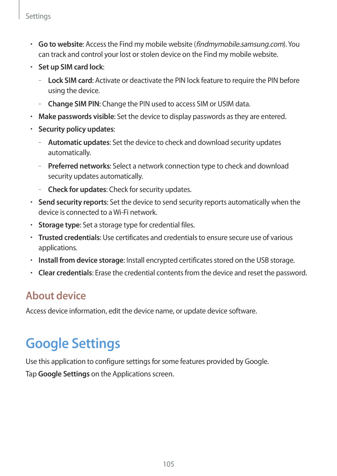 Samsung SM-T531NZWASER, SM-T531NYKASER manual Google Settings, About device, Set up SIM card lock, Security policy updates 