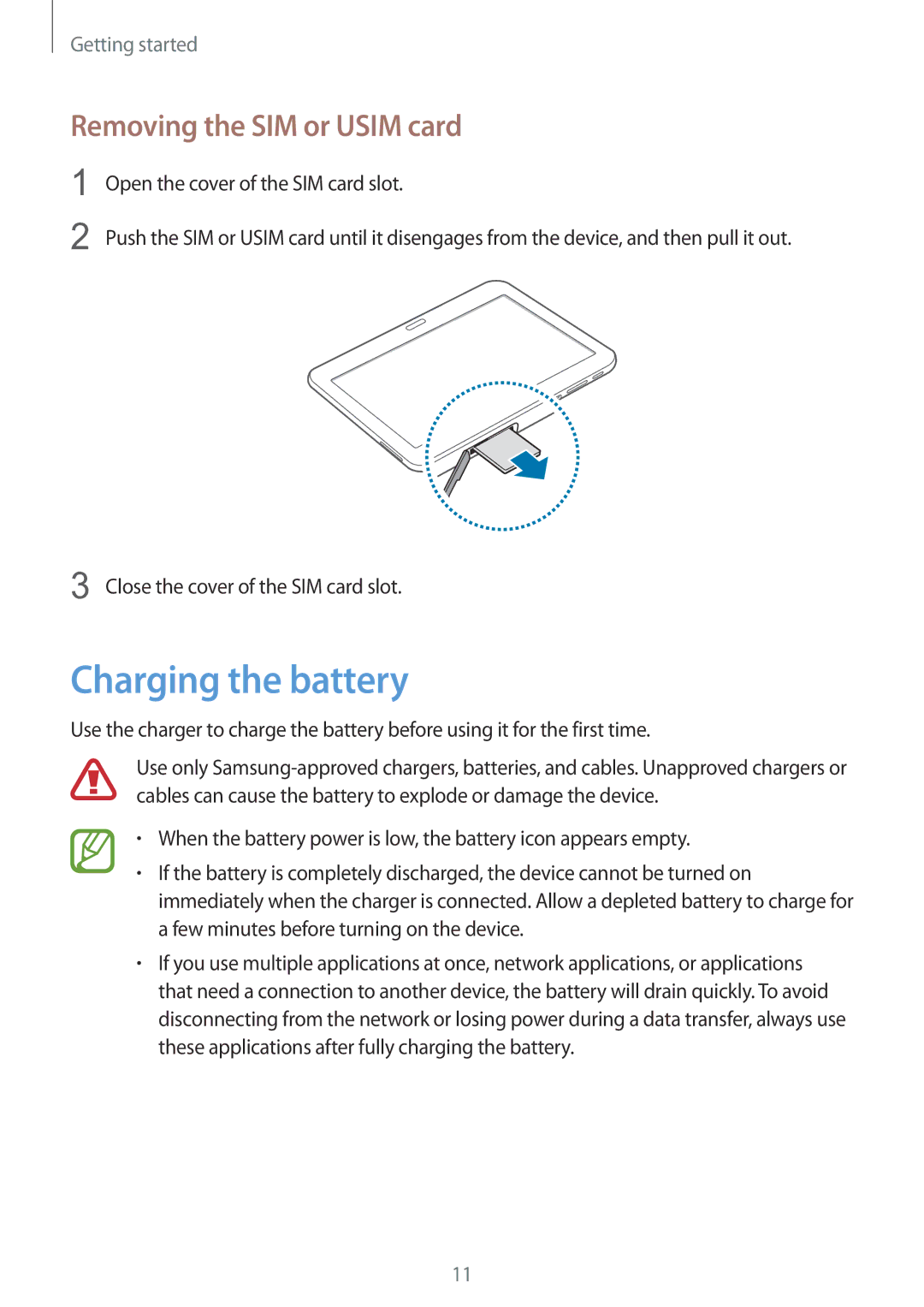 Samsung SM-T531NZWASER, SM-T531NYKASER manual Charging the battery, Removing the SIM or Usim card 